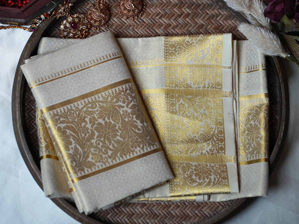 🌿 Ornate Floral Zari Jacquard: Premium Cotton Single Set Mundu ✨ - SAROYA