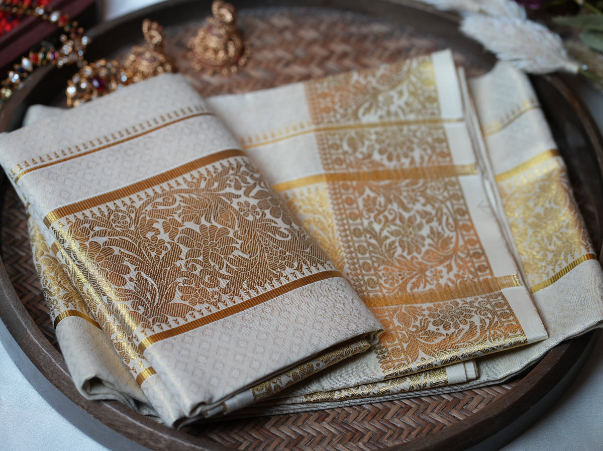 🌿 Ornate Floral Zari Jacquard: Premium Cotton Single Set Mundu ✨ - SAROYA