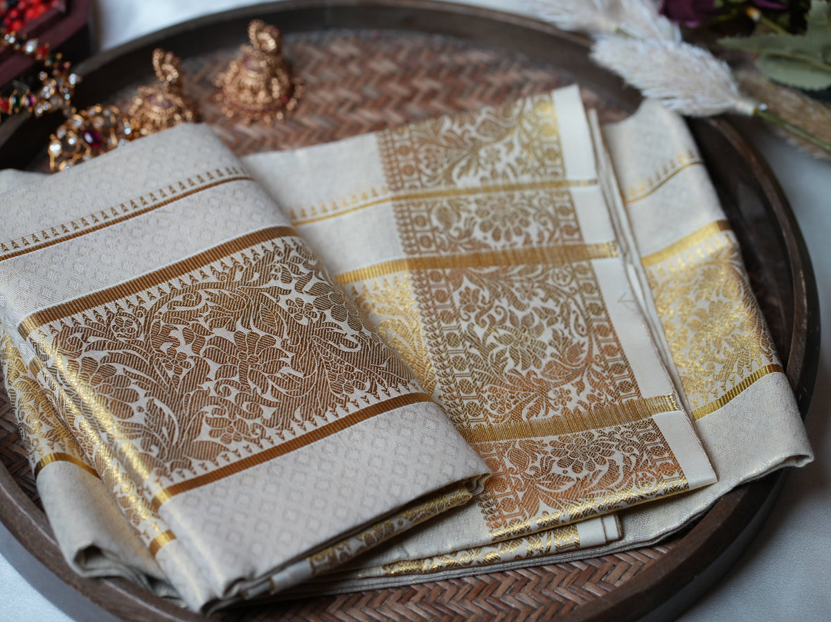 🌿 Ornate Floral Zari Jacquard: Premium Cotton Single Set Mundu ✨ - SAROYA