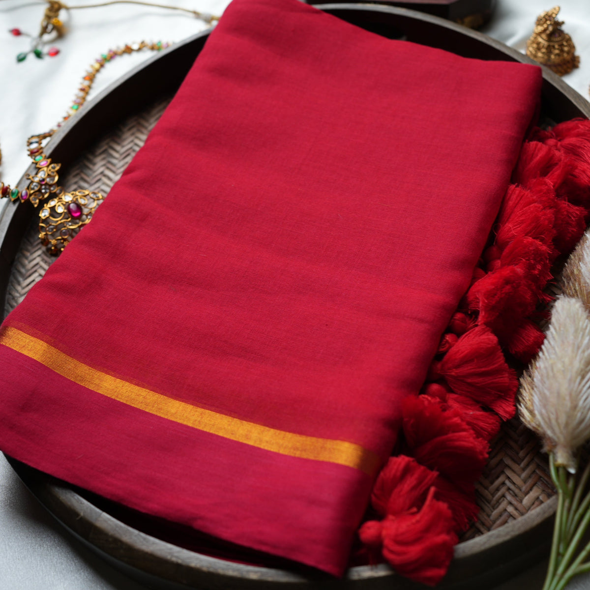 ❤️ Passionate Ruby Red Pure Mul Cotton Saree with Gold Zari Border & Statement Tassels ✨🥻 - SAROYA