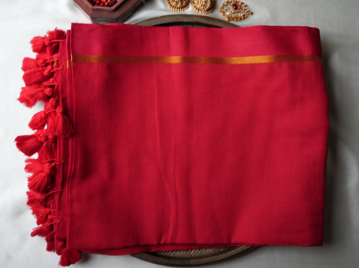 ❤️ Passionate Ruby Red Pure Mul Cotton Saree with Gold Zari Border & Statement Tassels ✨🥻 - SAROYA