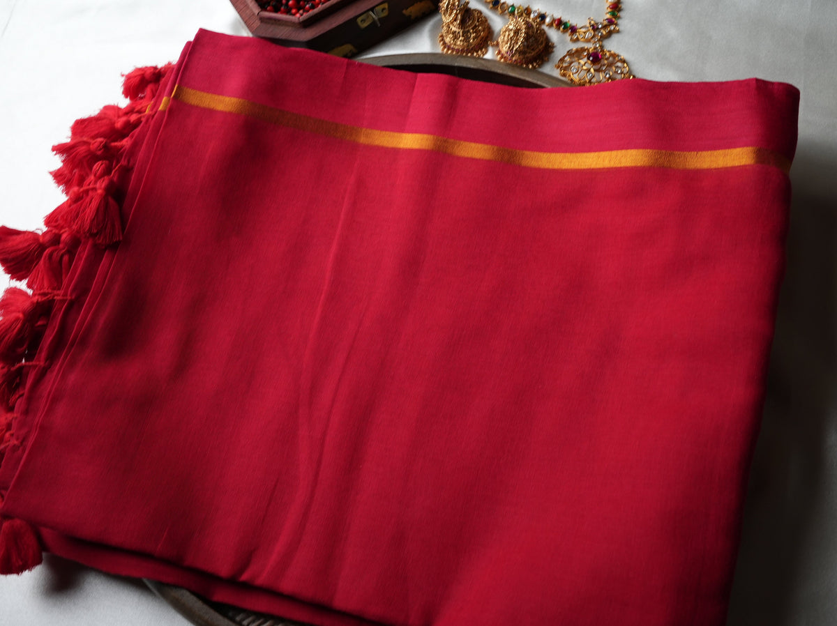 ❤️ Passionate Ruby Red Pure Mul Cotton Saree with Gold Zari Border & Statement Tassels ✨🥻 - SAROYA