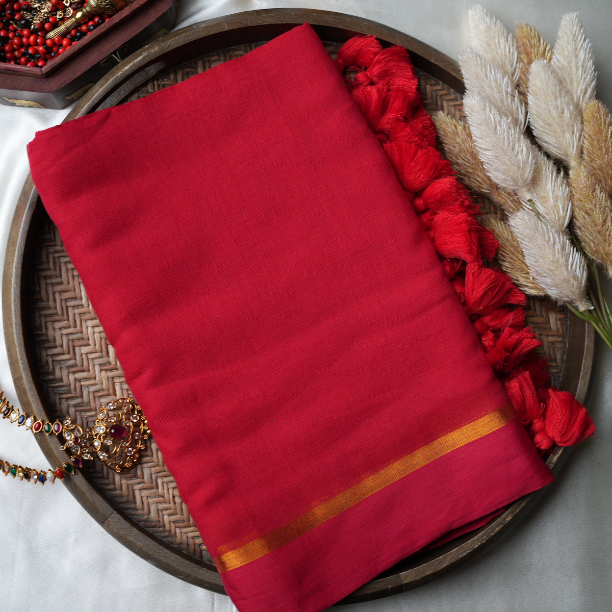 ❤️ Passionate Ruby Red Pure Mul Cotton Saree with Gold Zari Border & Statement Tassels ✨🥻 - SAROYA