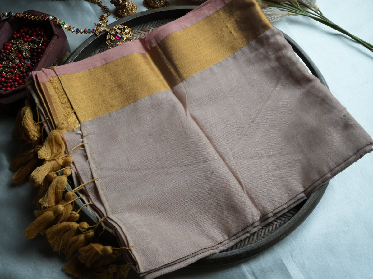 🌸 Pastel Dust Pink Mul Mul Cotton Saree with Golden Zari & Golden Tassels ✨💛 - SAROYA