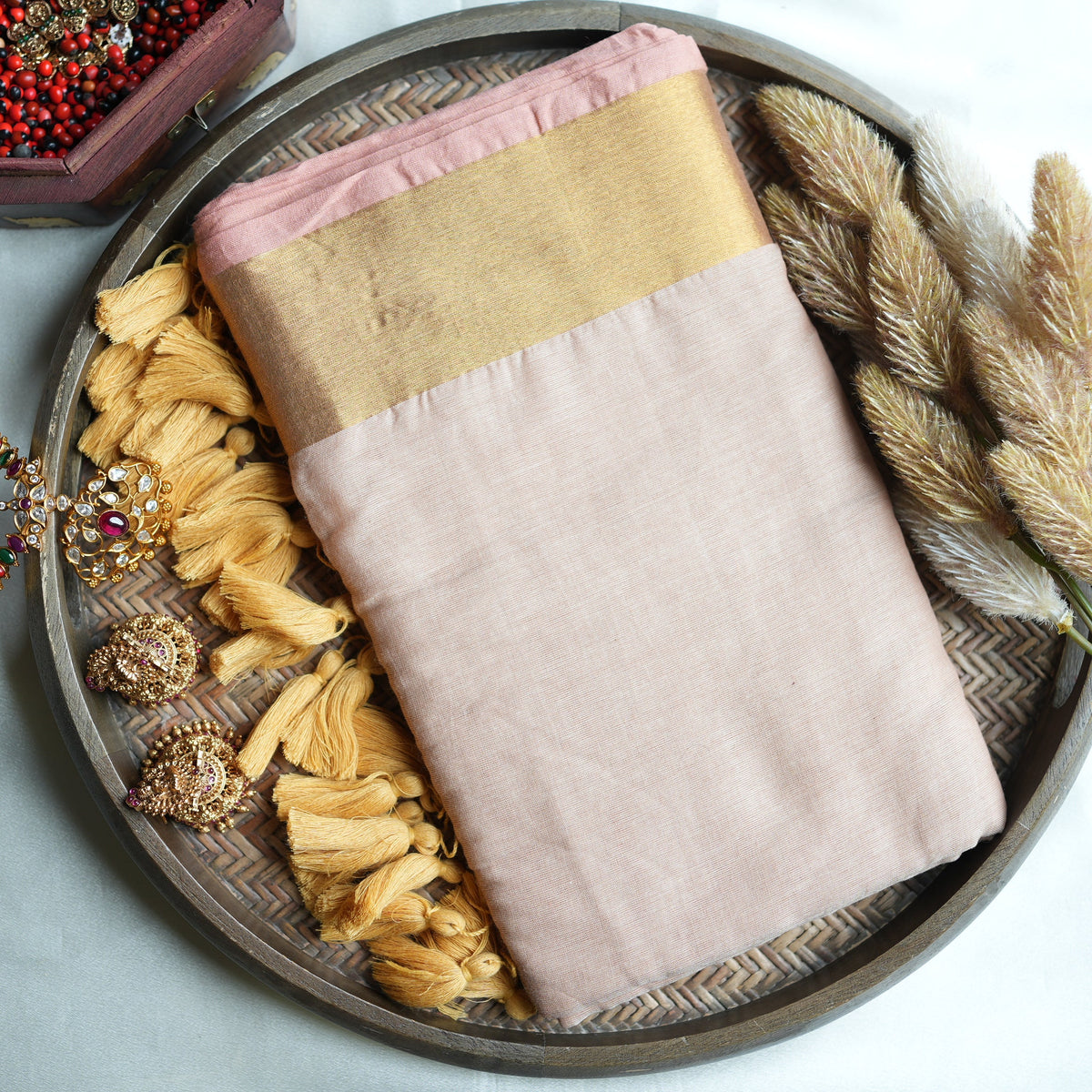 🌸 Pastel Dust Pink Mul Mul Cotton Saree with Golden Zari & Golden Tassels ✨💛 - SAROYA