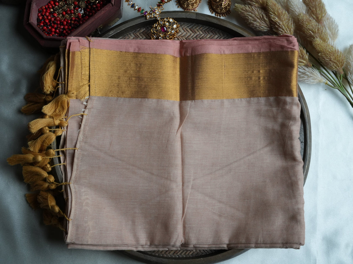 🌸 Pastel Dust Pink Mul Mul Cotton Saree with Golden Zari & Golden Tassels ✨💛 - SAROYA
