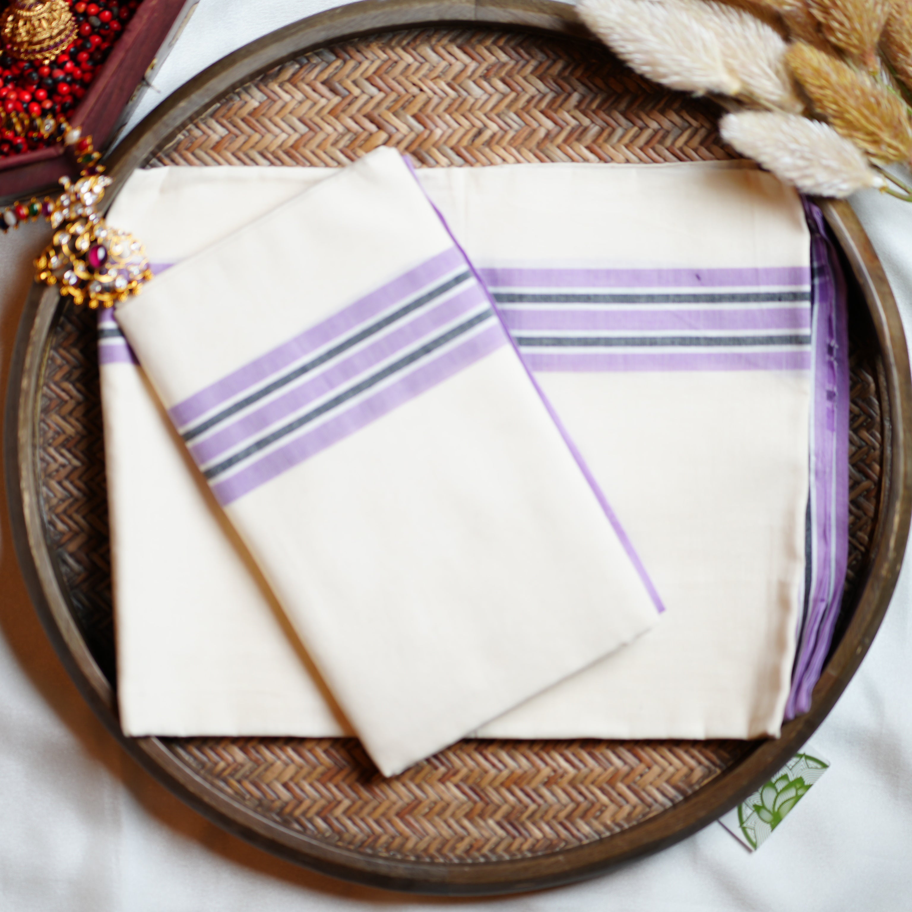 🪻 Pastel Lavender & Charcoal Stripes: The Cotton Mulloth Kerala Set Mundu 🪻 - SAROYA