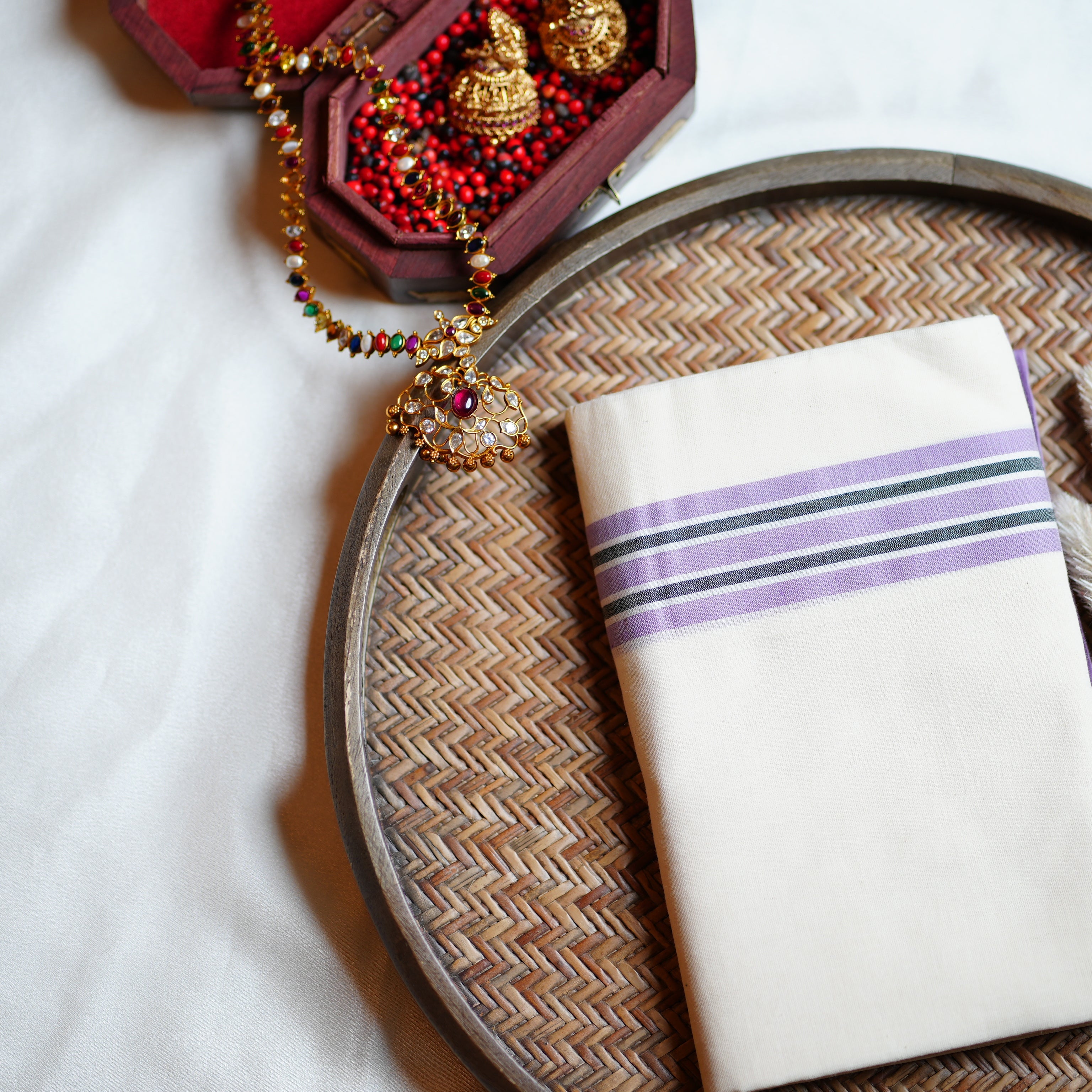 🪻 Pastel Lavender & Charcoal Stripes: The Cotton Mulloth Kerala Set Mundu 🪻 - SAROYA