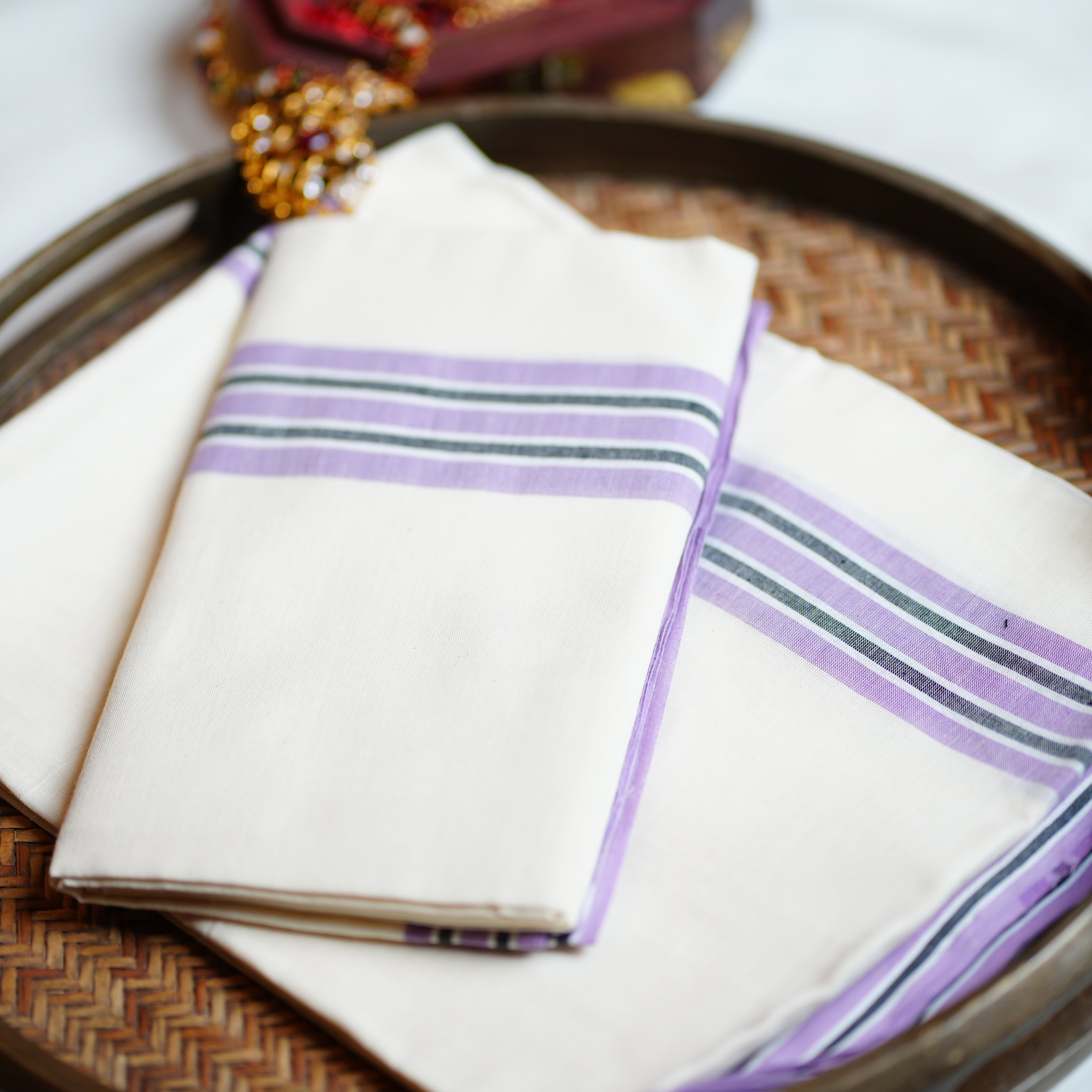 🪻 Pastel Lavender & Charcoal Stripes: The Cotton Mulloth Kerala Set Mundu 🪻 - SAROYA