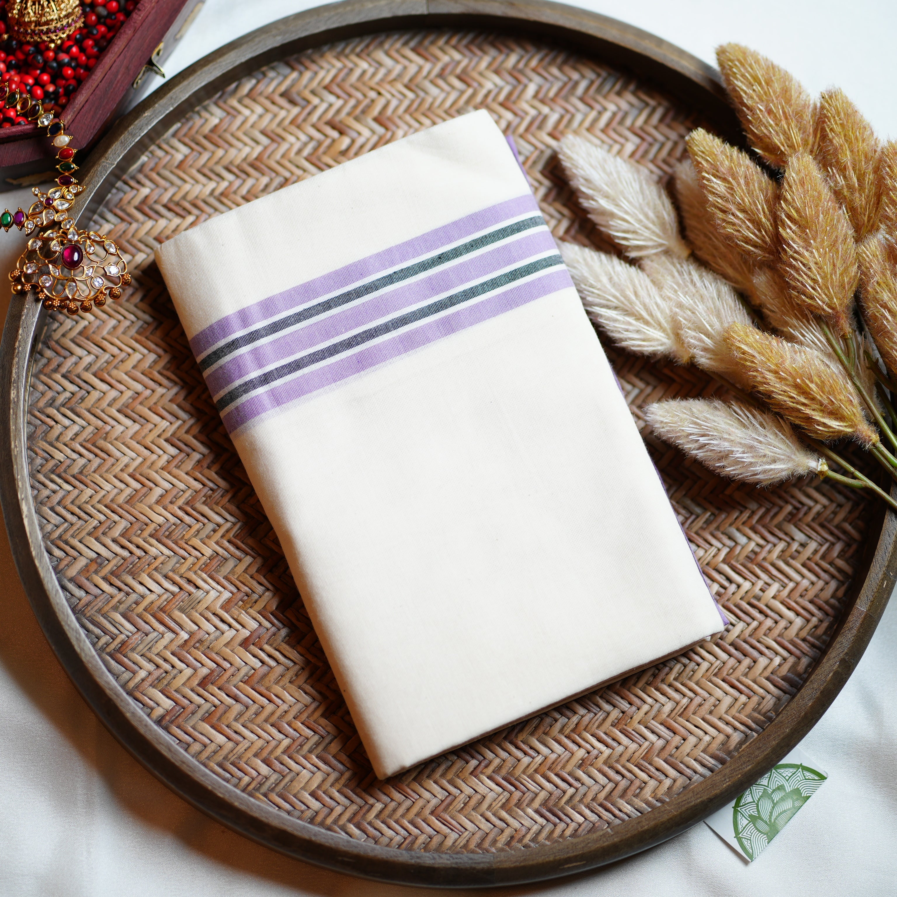 🪻 Pastel Lavender & Charcoal Stripes: The Cotton Mulloth Kerala Set Mundu 🪻 - SAROYA