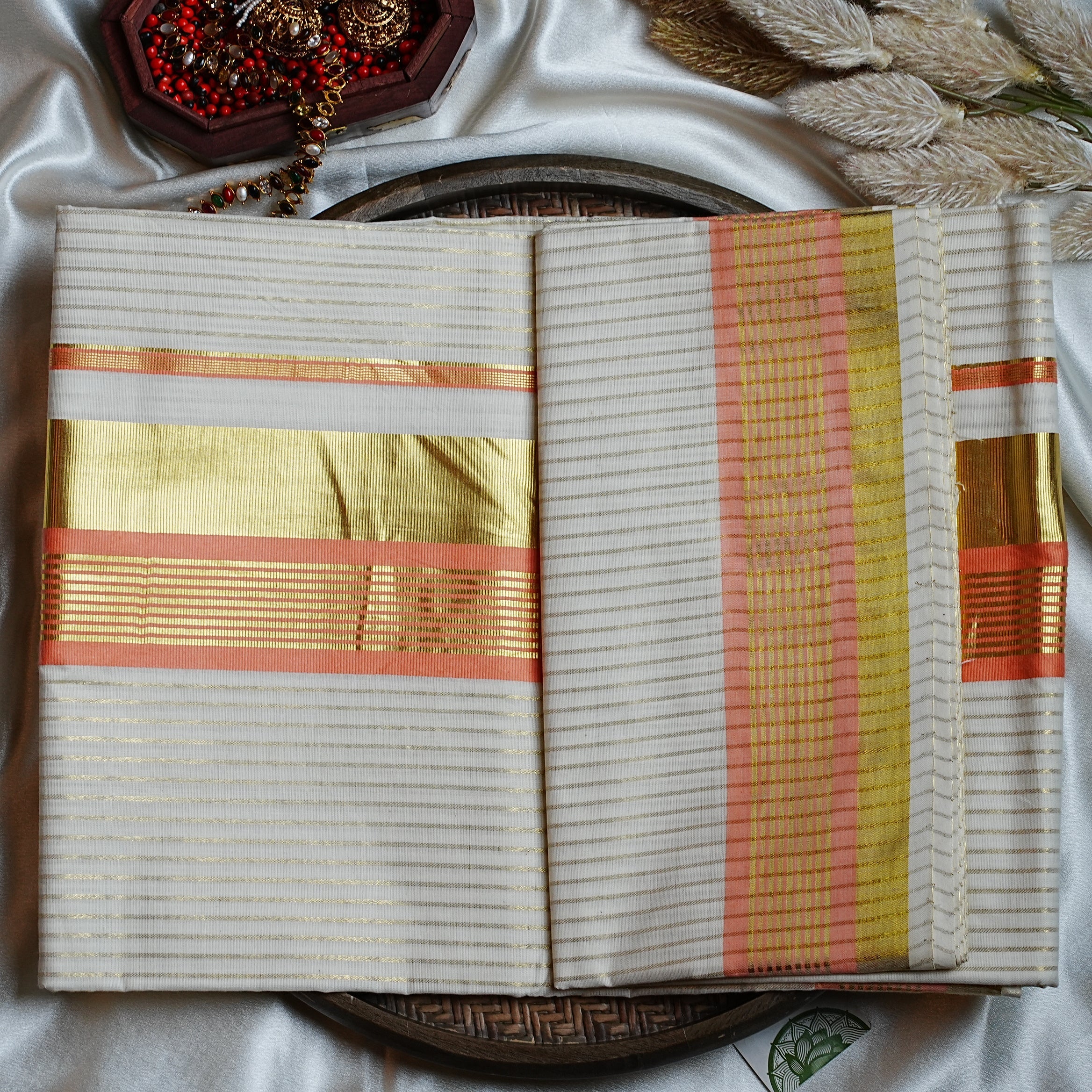 🍑 Pastel Peach & Shimmering Gold Pinstripes: The Premium Cotton Kerala Set Saree 🍑 - SAROYA