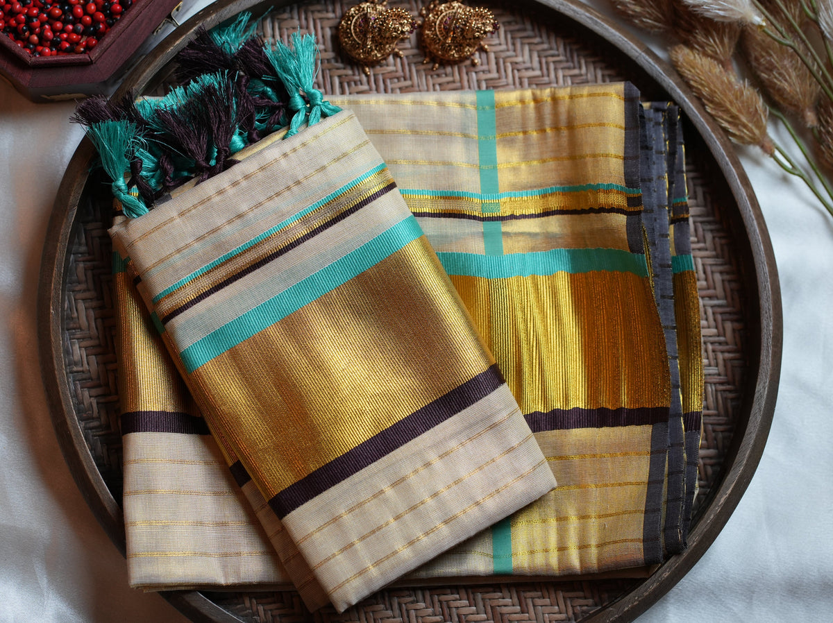 🌟 Peacock Blue, Deep Coffee & Grand Kasavu: Premium Tissue Kerala Set Mundu 🦚 - SAROYA