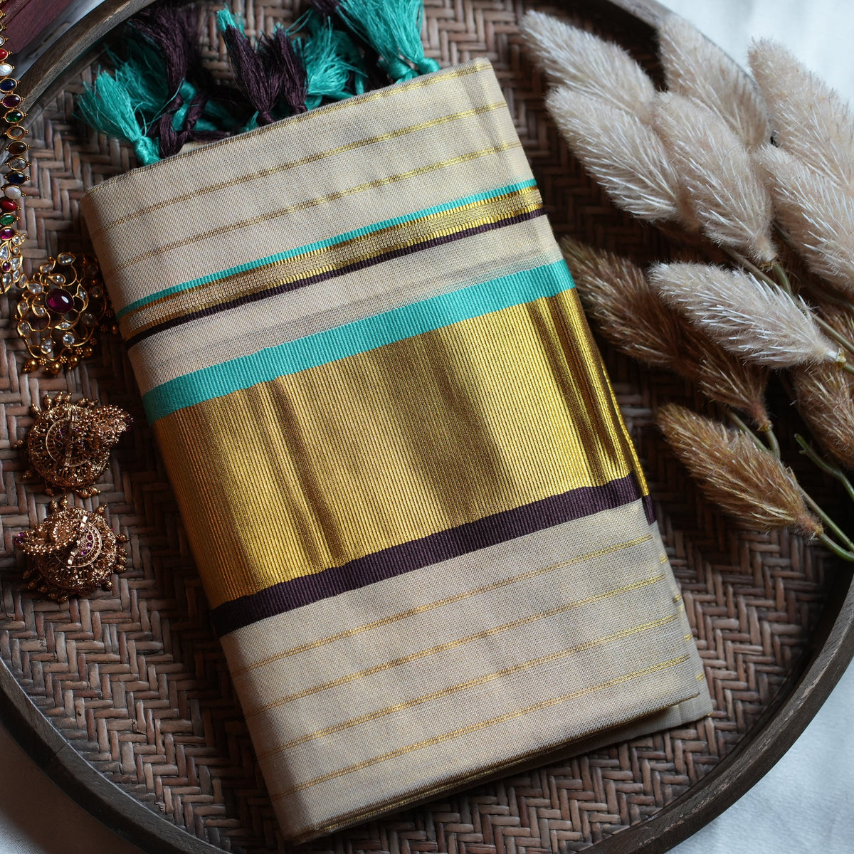 🌟 Peacock Blue, Deep Coffee & Grand Kasavu: Premium Tissue Kerala Set Mundu 🦚 - SAROYA