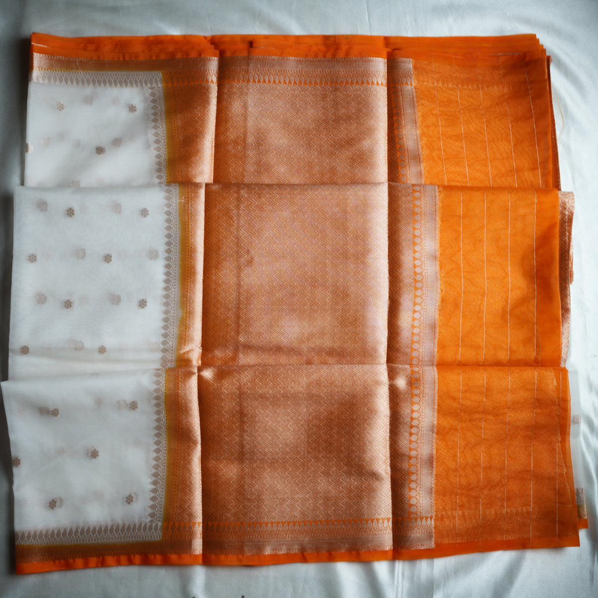 🕊️ Pearl White & Tangerine Orange Banarasi Kora Organza Saree 🍊✨ - SAROYA