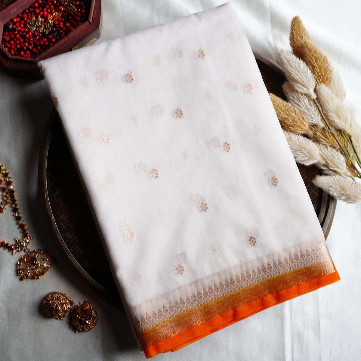 🕊️ Pearl White & Tangerine Orange Banarasi Kora Organza Saree 🍊✨ - SAROYA