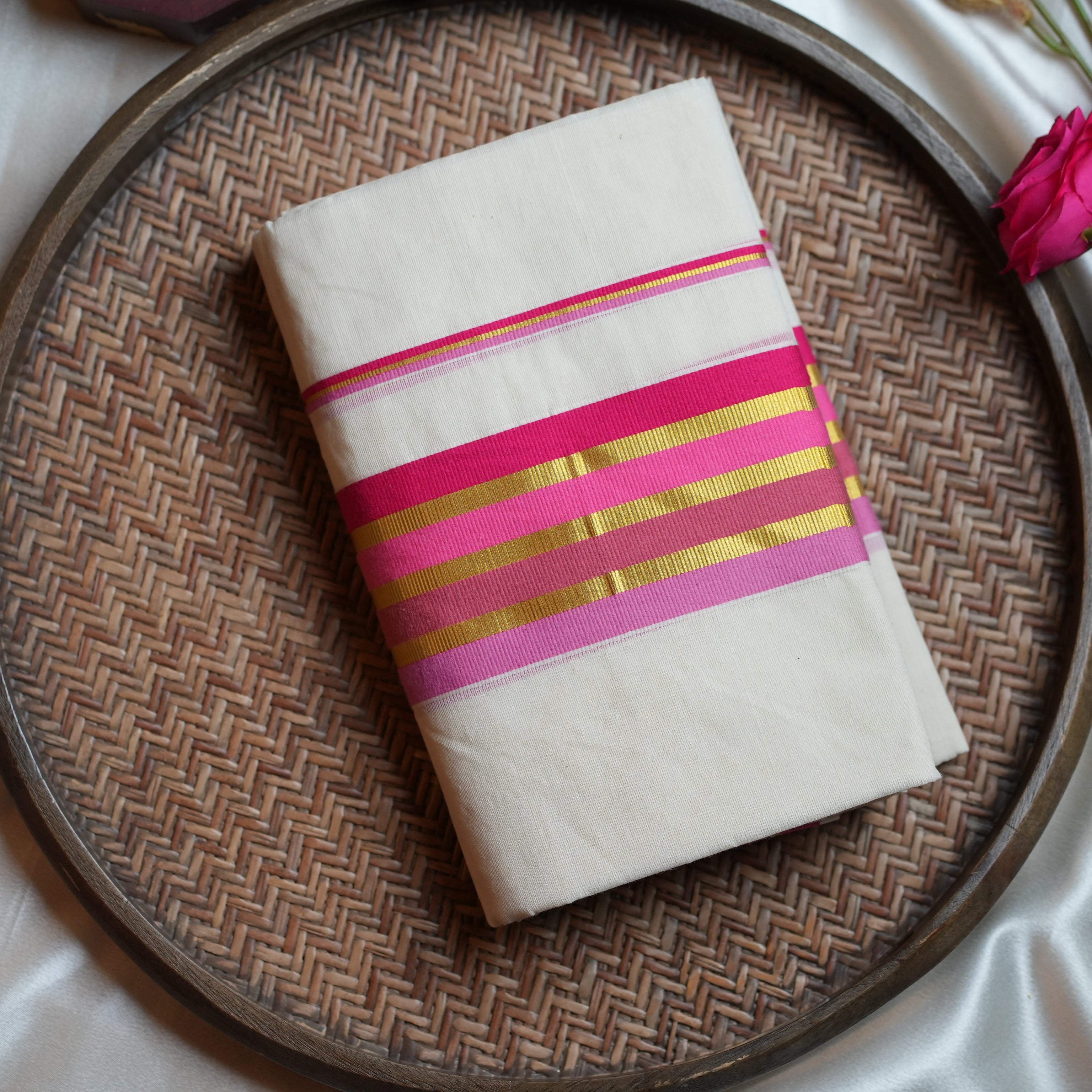 🌸 Pink Blossom & Golden Stripes: The Premium Pure Cotton Kerala Set Mundu 🌸 - SAROYA