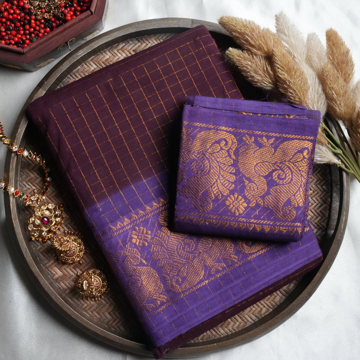 🔮 Plum Wine & Royal Purple Zari Check Sungudi Cotton Saree 🌟 - SAROYA