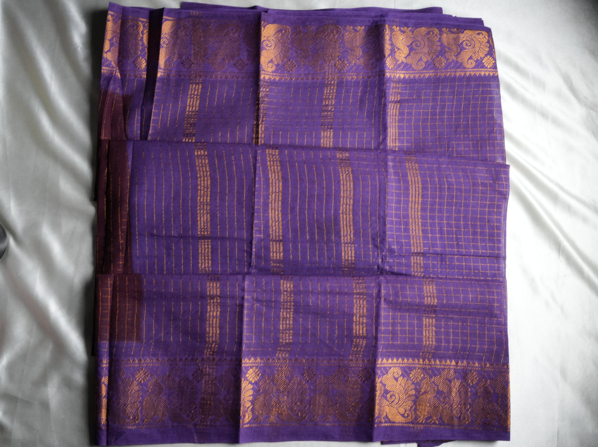 🔮 Plum Wine & Royal Purple Zari Check Sungudi Cotton Saree 🌟 - SAROYA