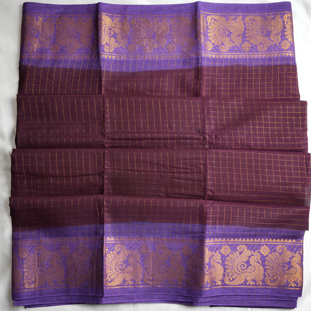 🔮 Plum Wine & Royal Purple Zari Check Sungudi Cotton Saree 🌟 - SAROYA