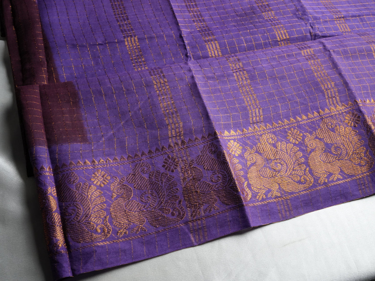 🔮 Plum Wine & Royal Purple Zari Check Sungudi Cotton Saree 🌟 - SAROYA