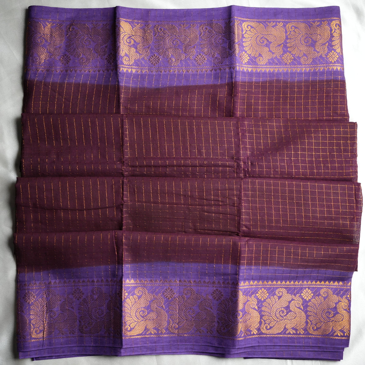 🔮 Plum Wine & Royal Purple Zari Check Sungudi Cotton Saree 🌟 - SAROYA