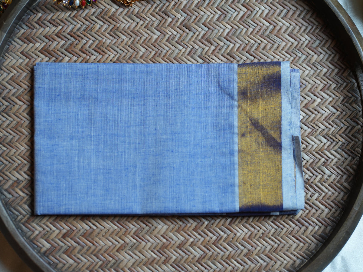 💙 Powder Blue & Gold Cotton Kerala Set Mundu with Matching Blouse 🌟 - SAROYA