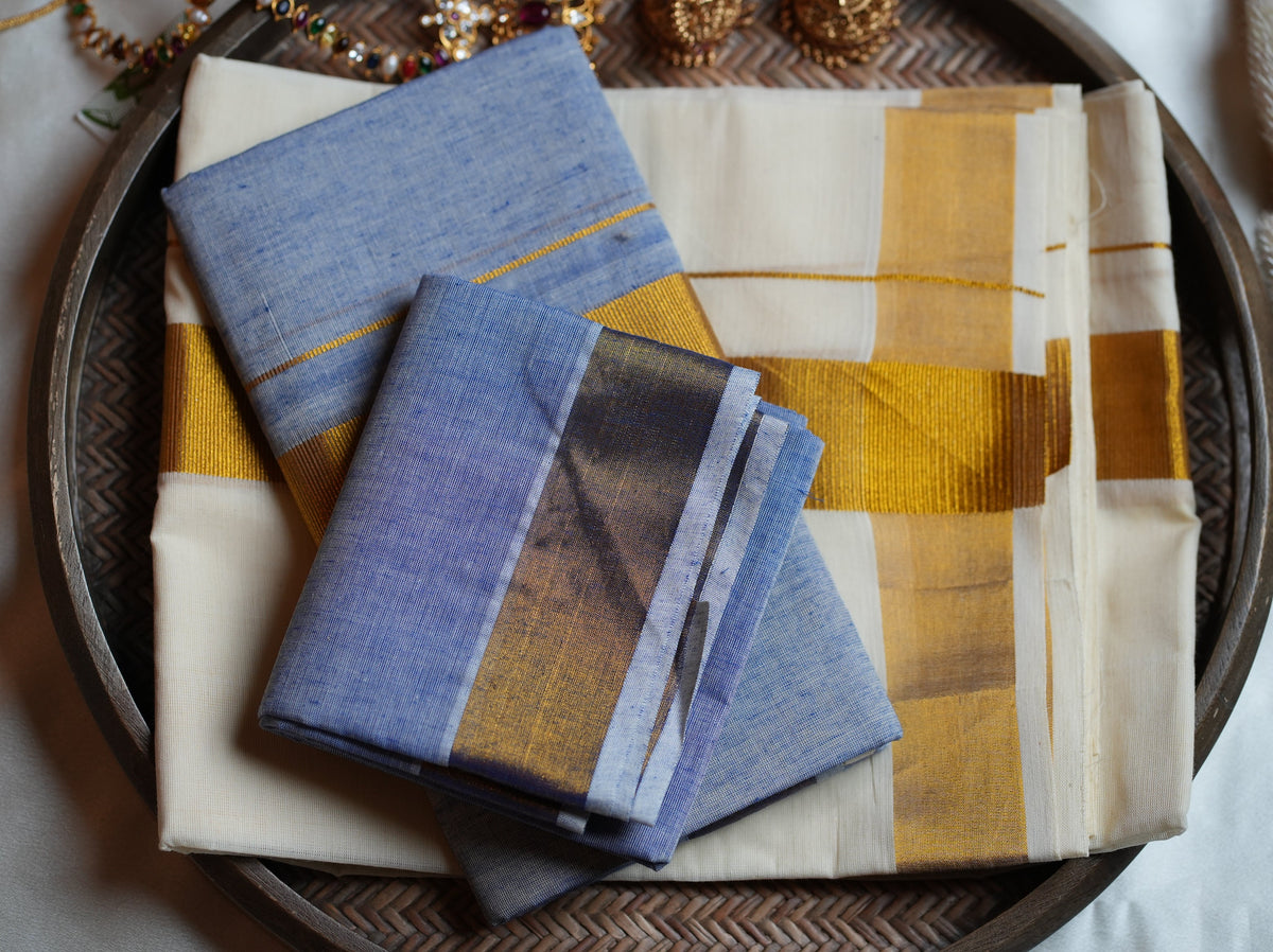 💙 Powder Blue & Gold Cotton Kerala Set Mundu with Matching Blouse 🌟 - SAROYA