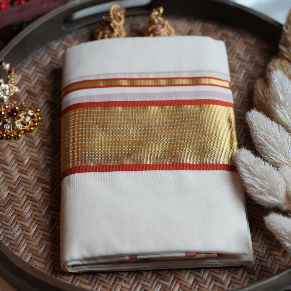 Premium Balaramapuram Unakkapavu Pure Cotton Handloom Set Mundu - SAROYA