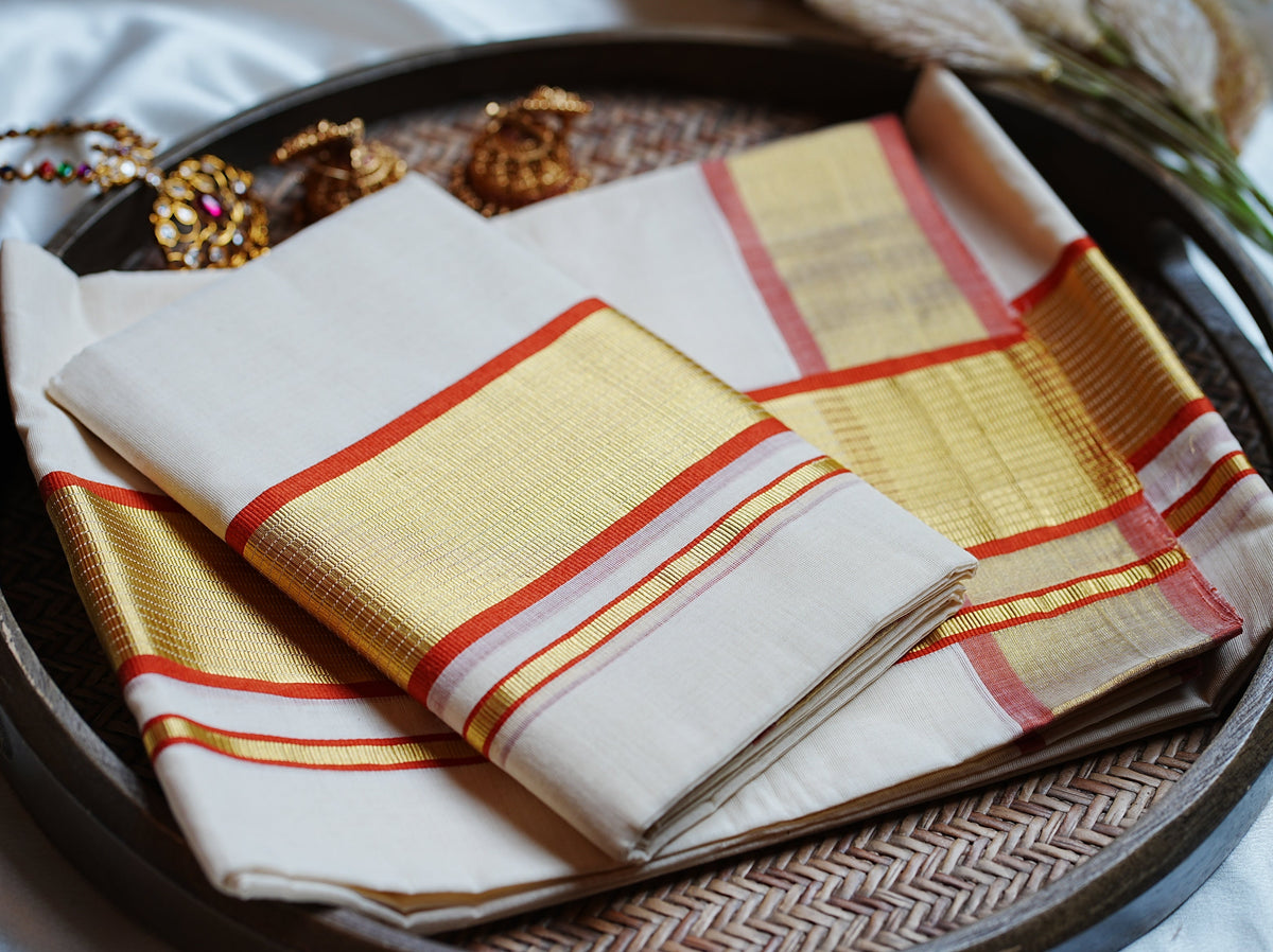 Premium Balaramapuram Unakkapavu Pure Cotton Handloom Set Mundu - SAROYA