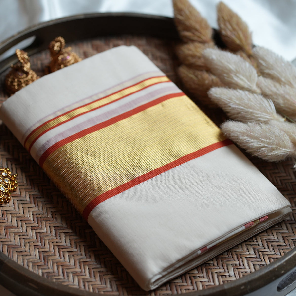 Premium Balaramapuram Unakkapavu Pure Cotton Handloom Set Mundu - SAROYA