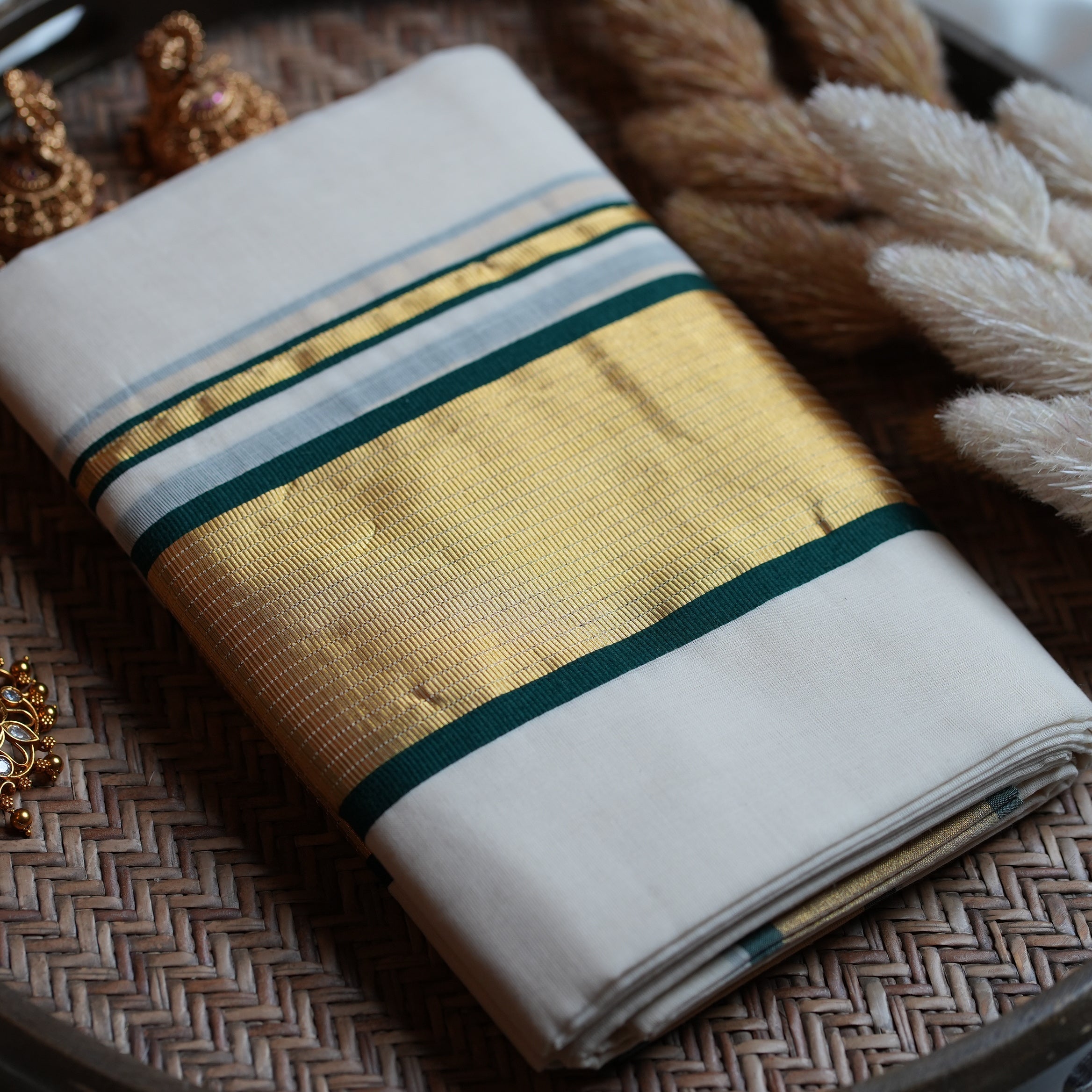Premium Balaramapuram Unakkapavu Pure Cotton Handloom Set Mundu with Bottle Green Stripes - SAROYA