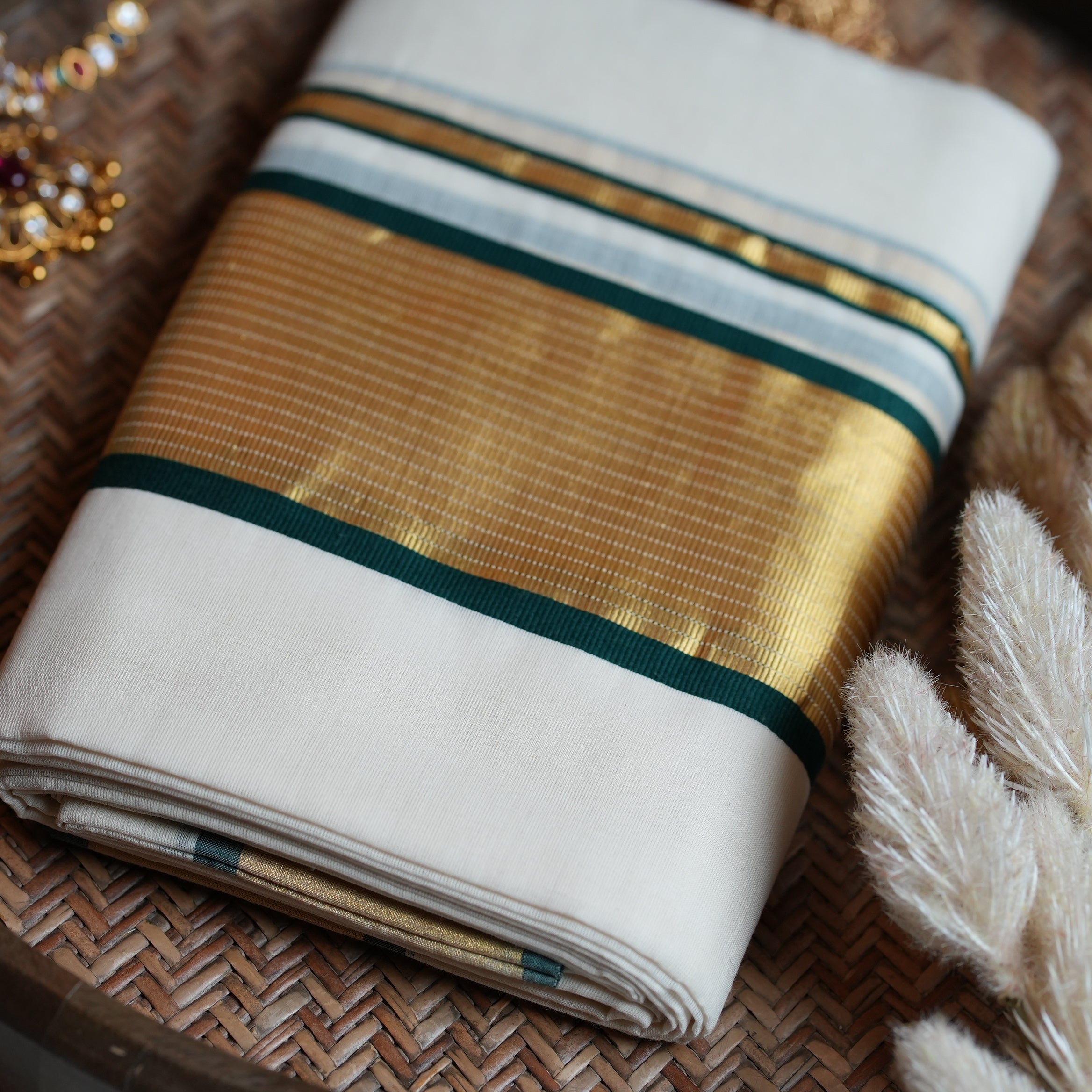 Premium Balaramapuram Unakkapavu Pure Cotton Handloom Set Mundu with Bottle Green Stripes - SAROYA