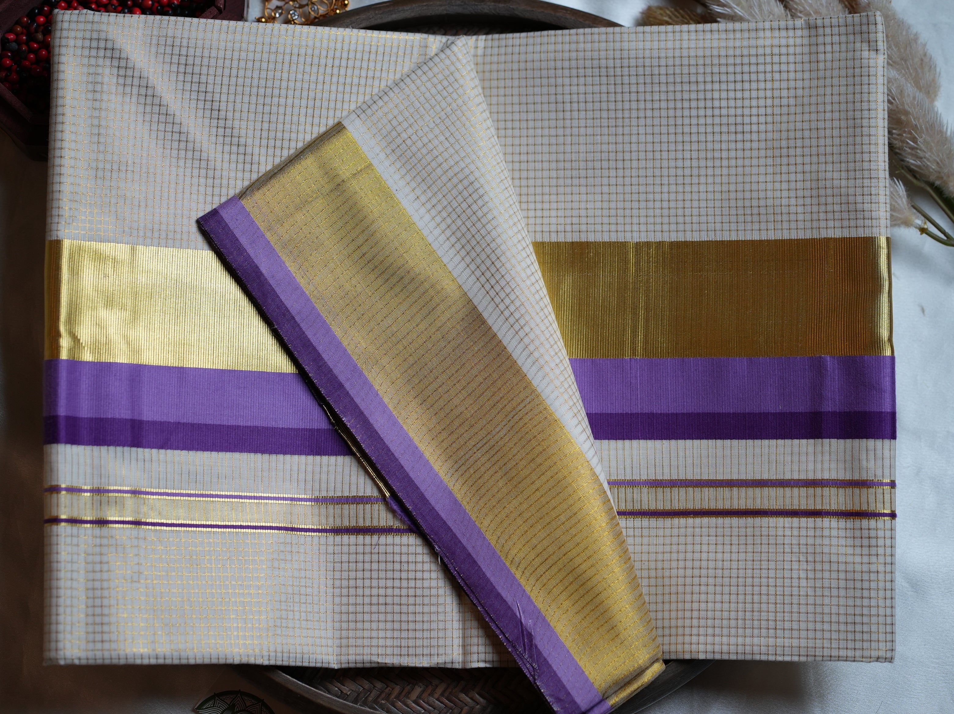 💜 Premium Cotton Checked Kerala Saree with Royal Purple Kasavu Border ✨ - SAROYA