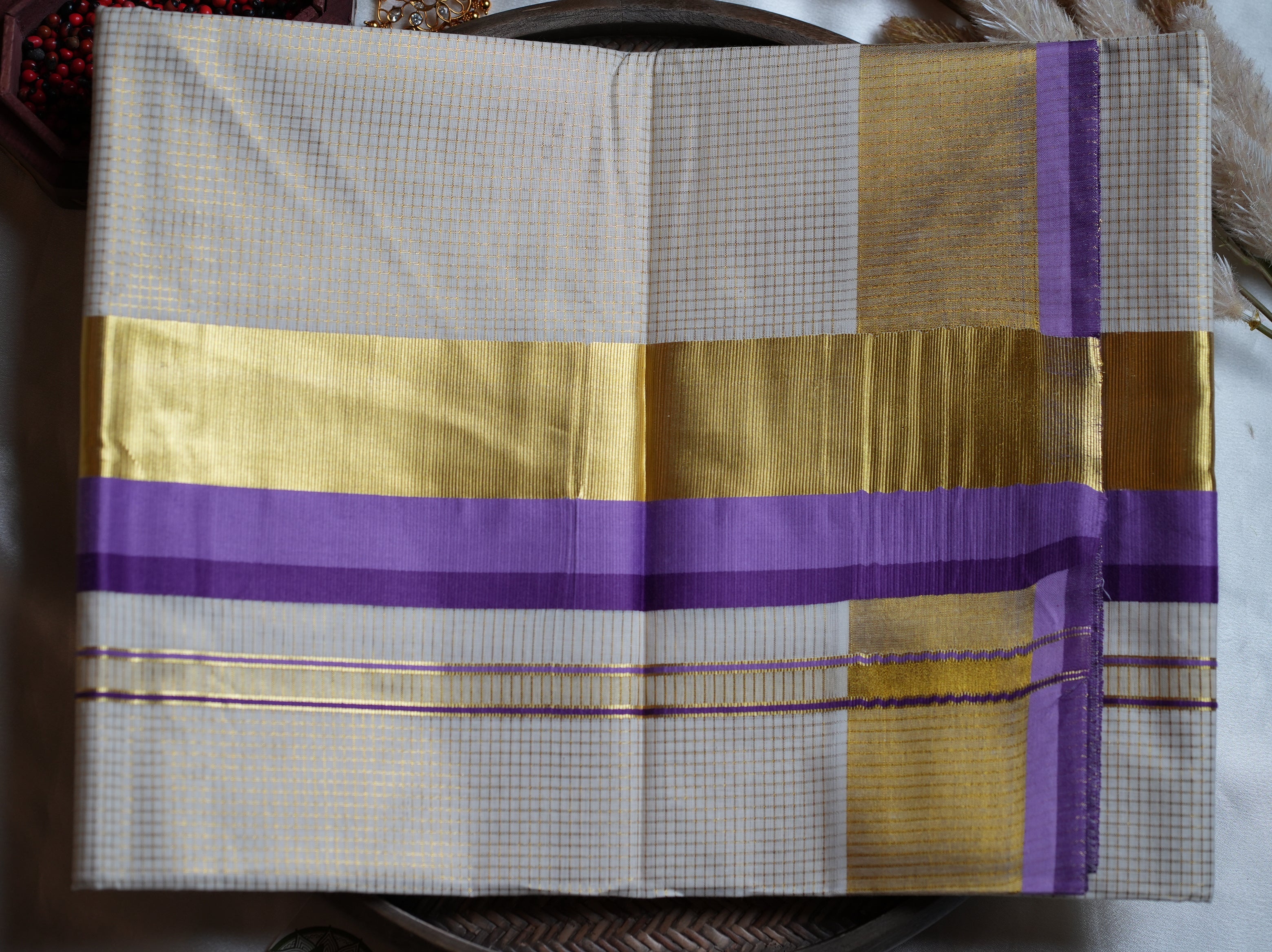 💜 Premium Cotton Checked Kerala Saree with Royal Purple Kasavu Border ✨ - SAROYA
