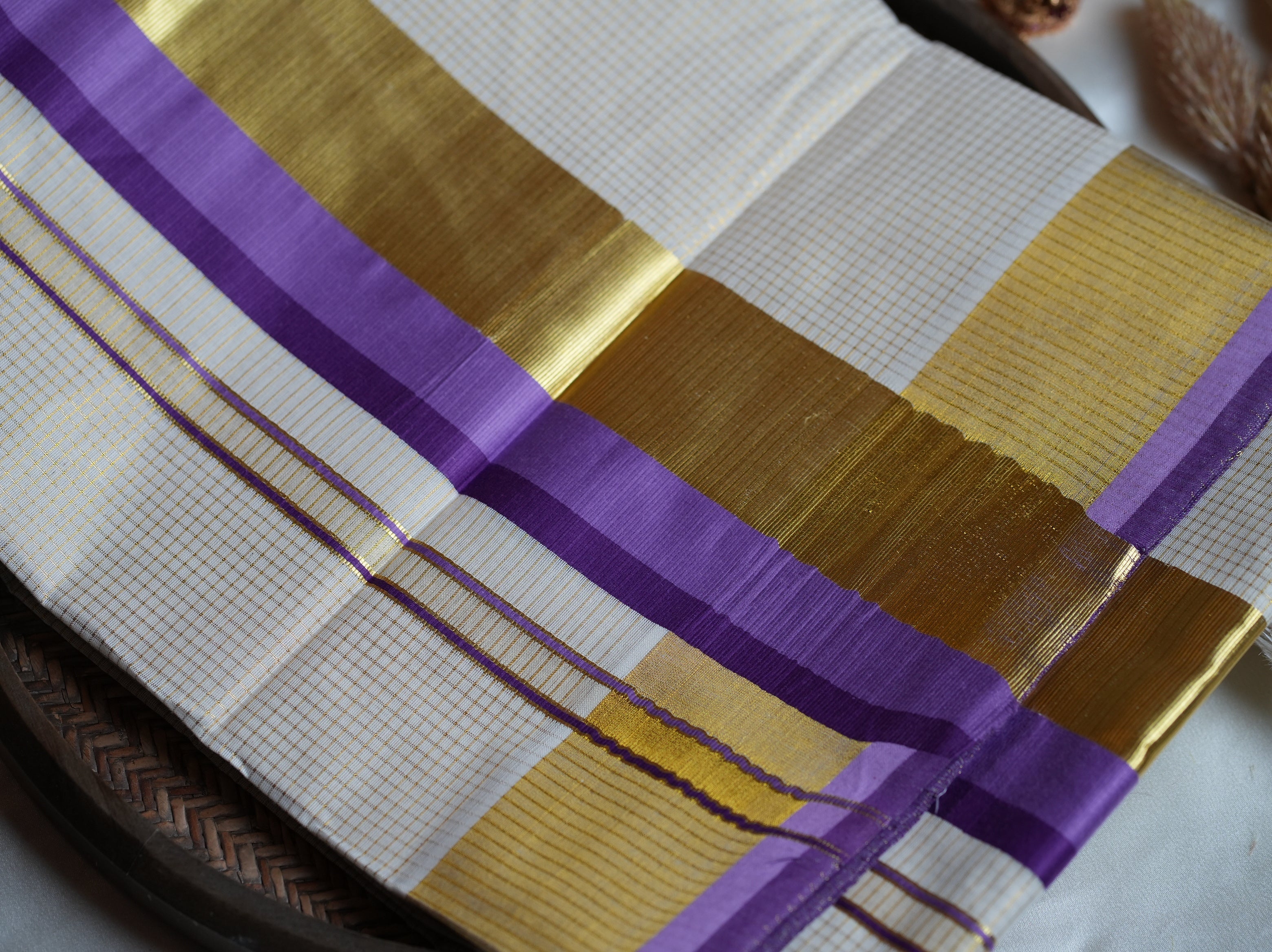 💜 Premium Cotton Checked Kerala Saree with Royal Purple Kasavu Border ✨ - SAROYA