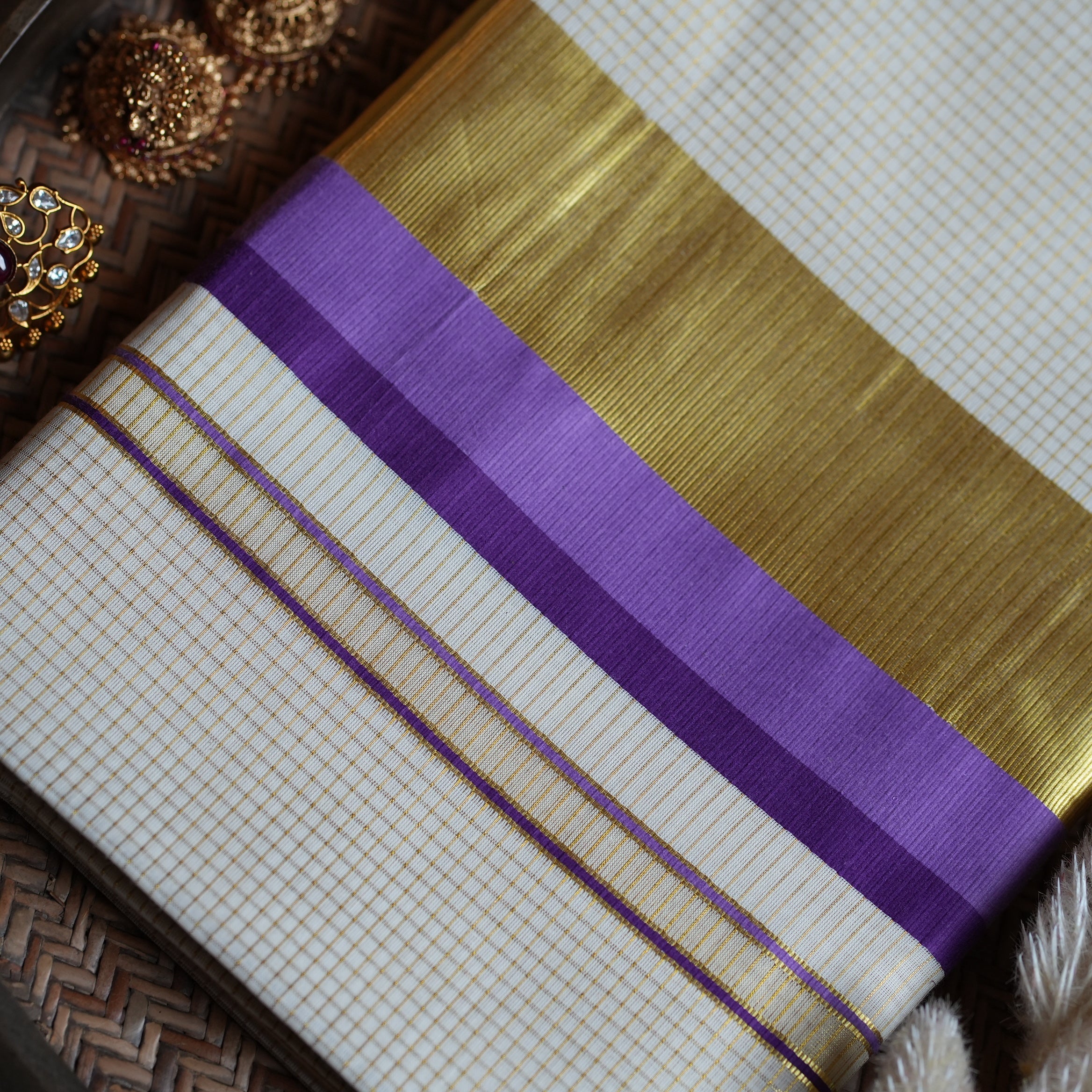 💜 Premium Cotton Checked Kerala Saree with Royal Purple Kasavu Border ✨ - SAROYA