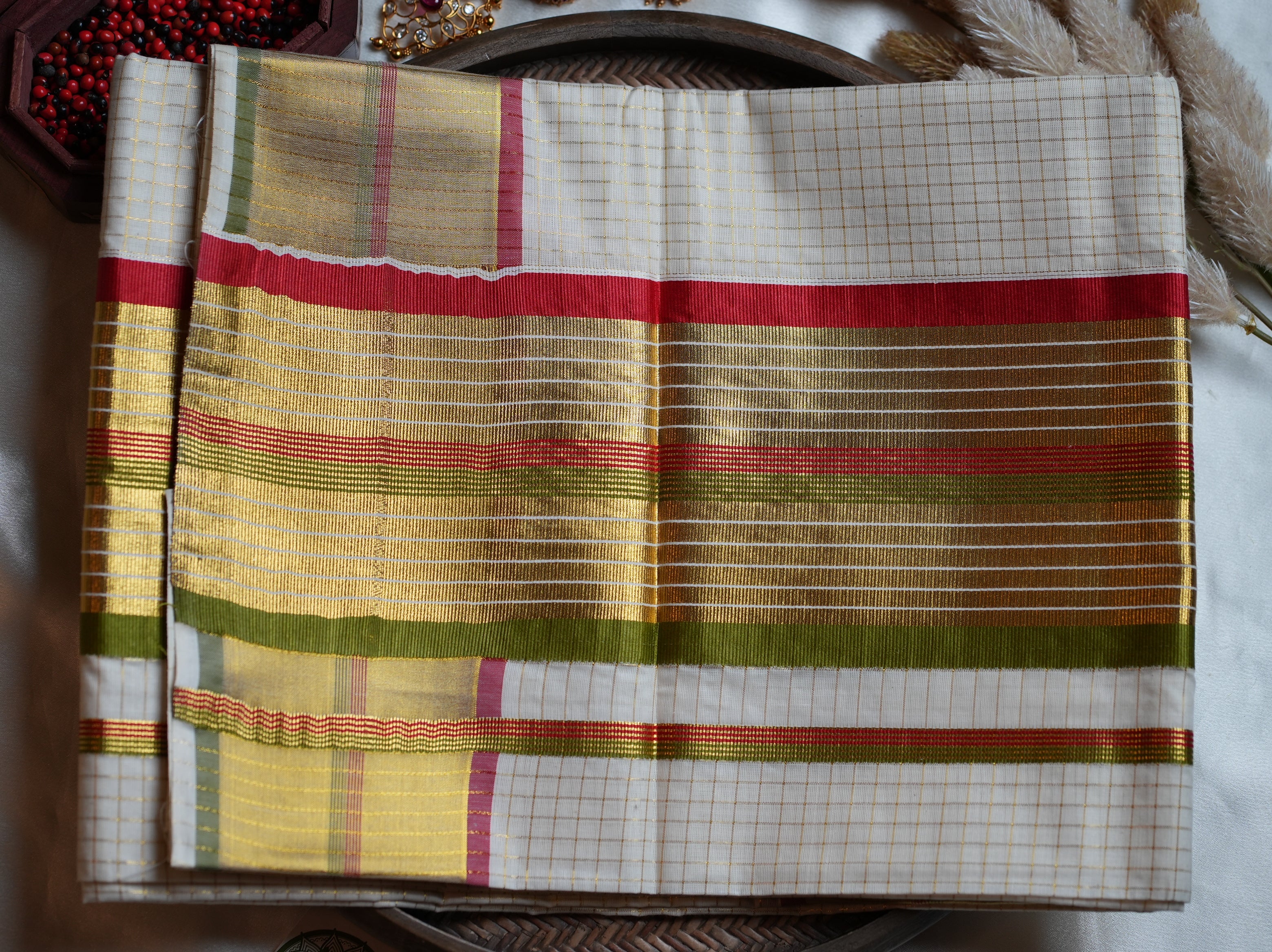🌺 Premium Cotton Checkered Kerala Saree with Red & Olive Green Multi-Kasavu Border ✨ - SAROYA