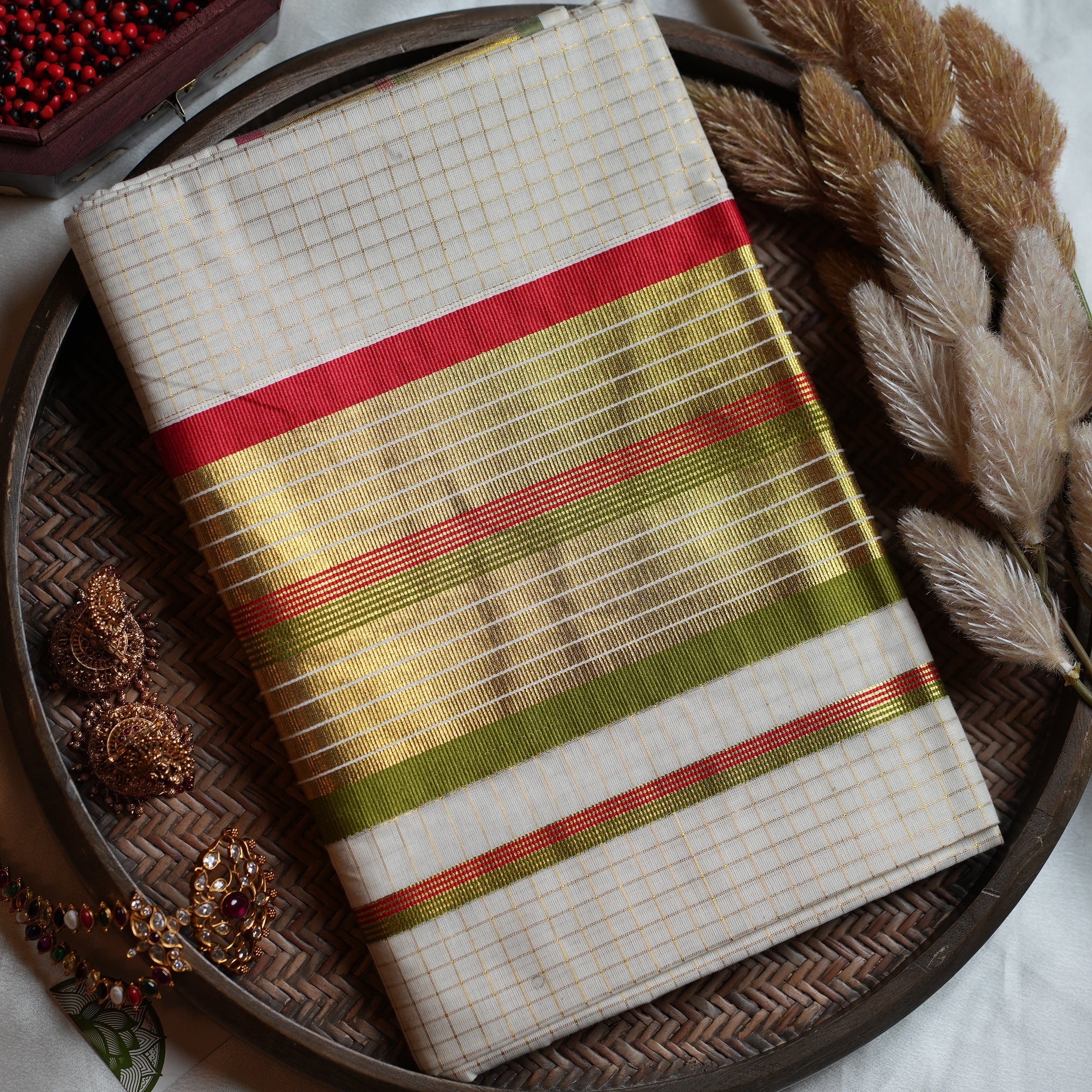 🌺 Premium Cotton Checkered Kerala Saree with Red & Olive Green Multi-Kasavu Border ✨ - SAROYA