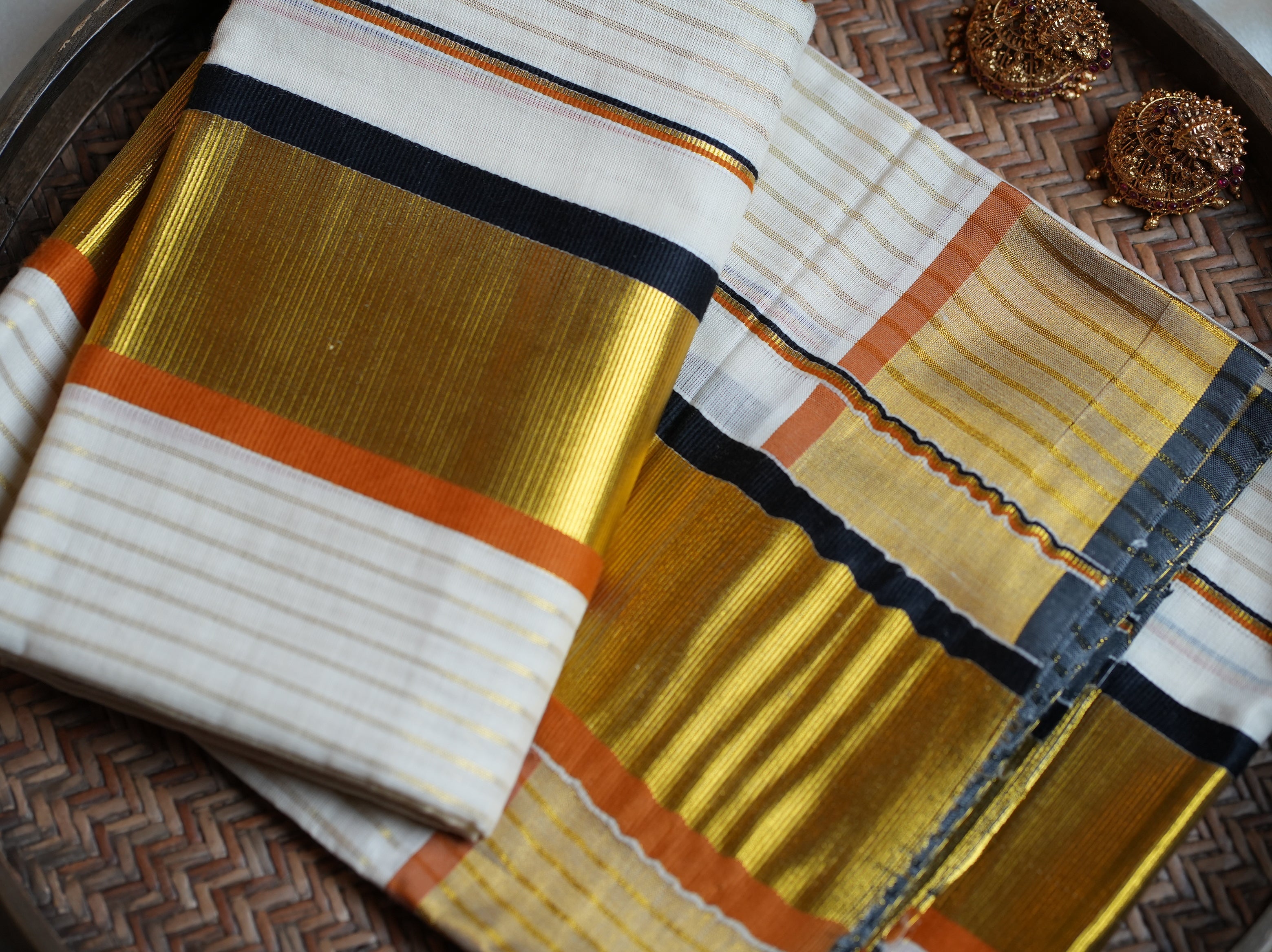 🧡 Premium Cotton Kerala Set Mundu with Black & Rust Orange Zari Border 🖤 - SAROYA
