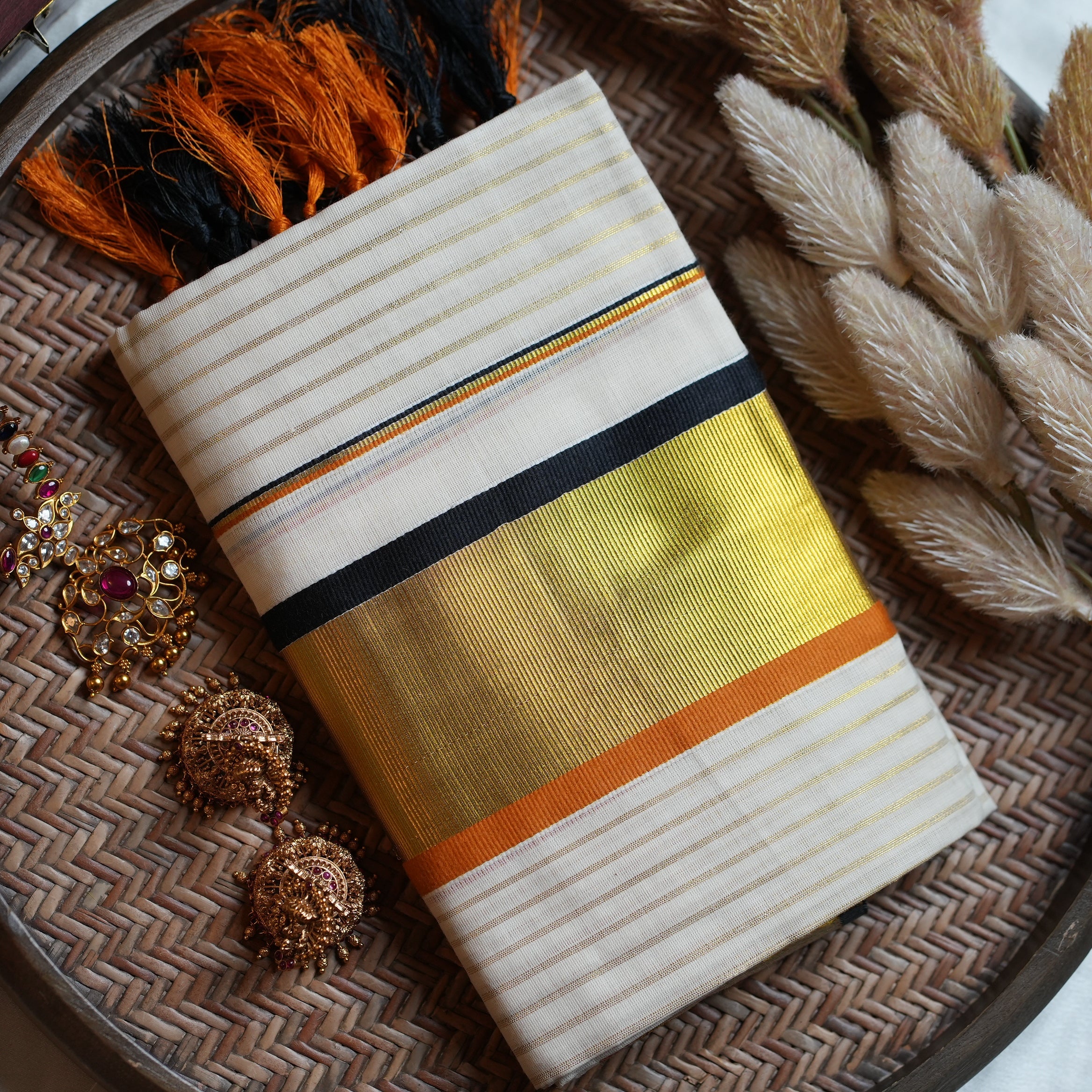 🧡 Premium Cotton Kerala Set Mundu with Black & Rust Orange Zari Border 🖤 - SAROYA
