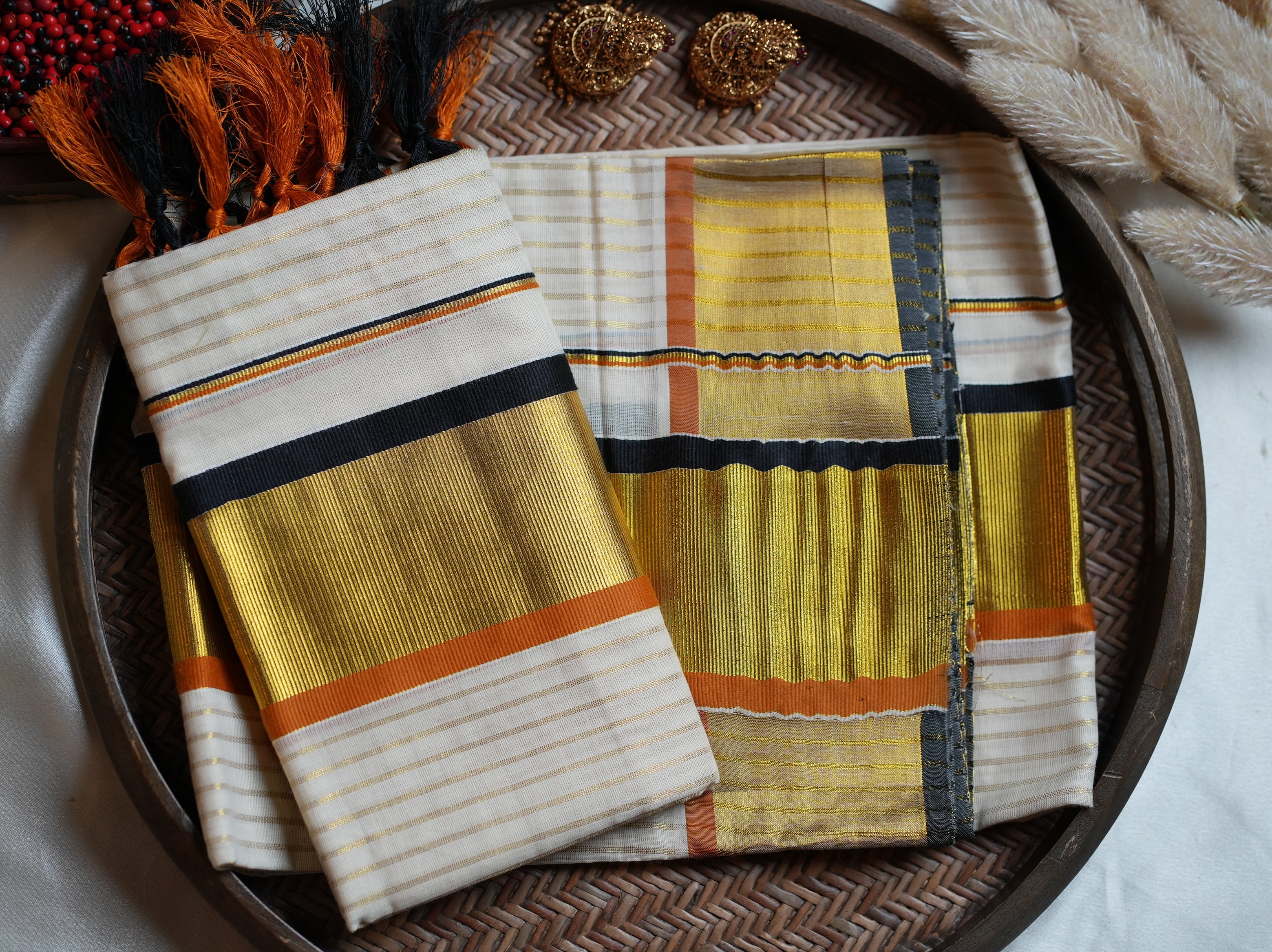 🧡 Premium Cotton Kerala Set Mundu with Black & Rust Orange Zari Border 🖤 - SAROYA