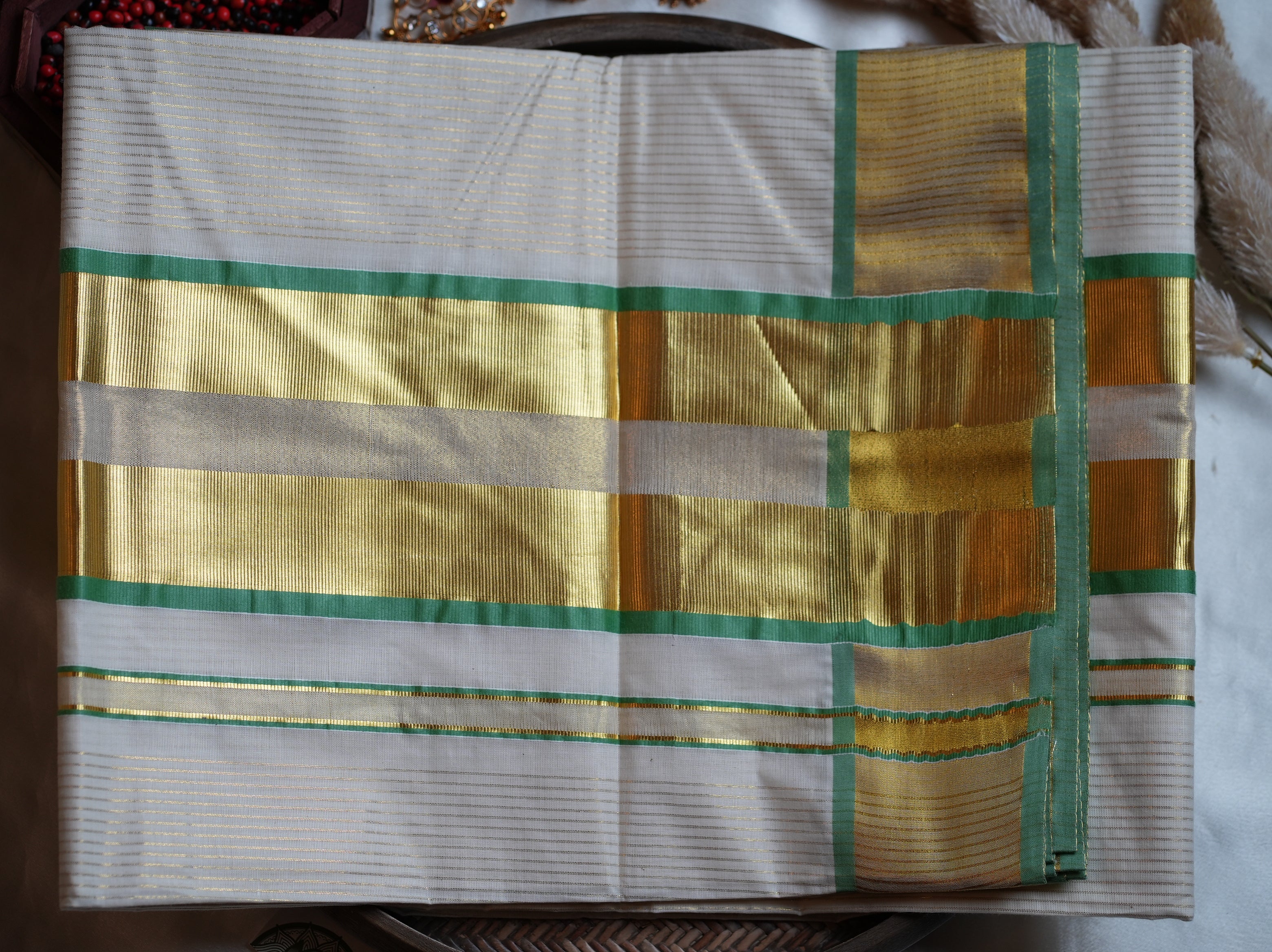 🌿 Premium Cotton Stripe Kerala Saree with Emerald Green & Gold Kasavu Border ✨ - SAROYA