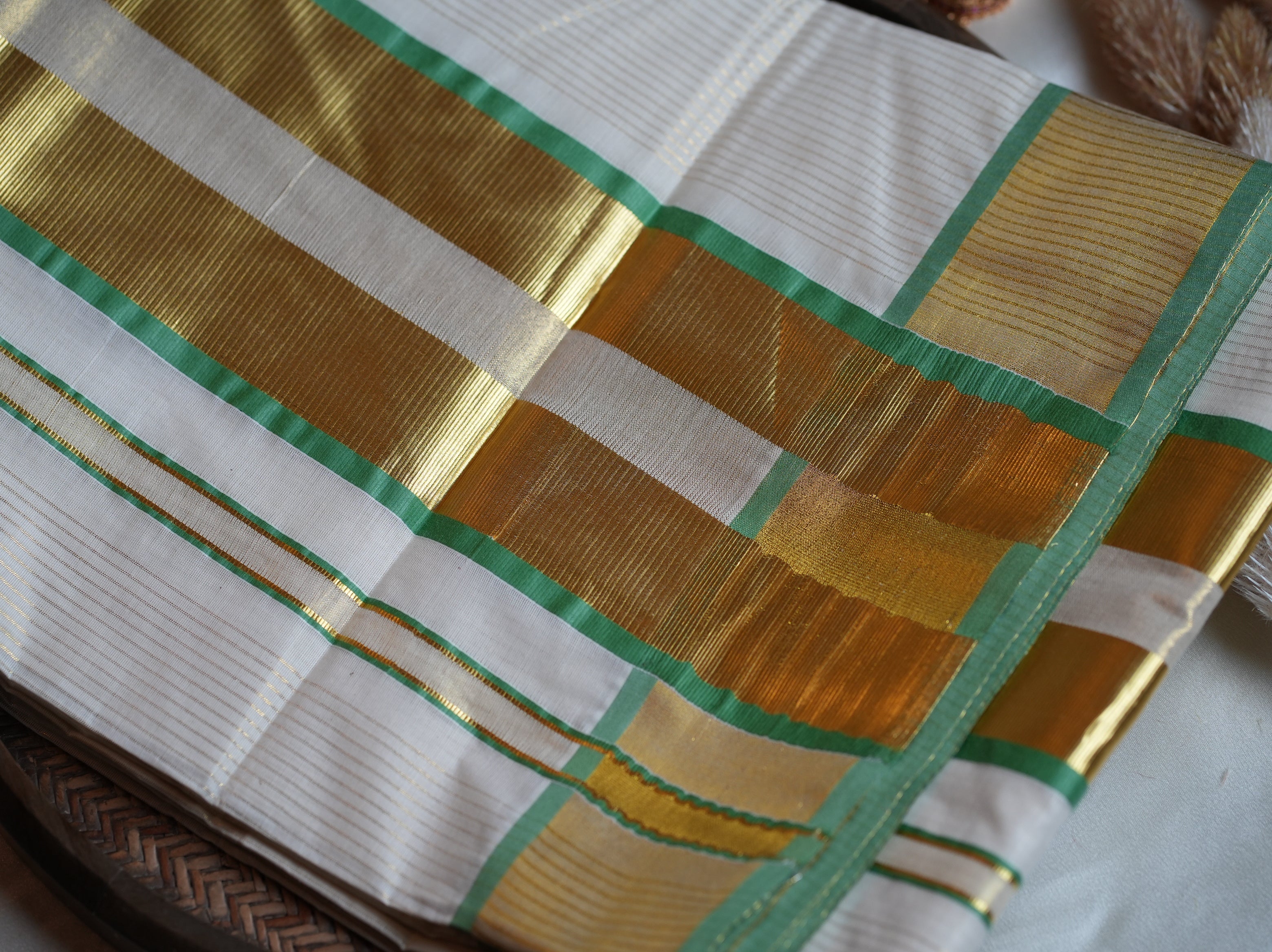 🌿 Premium Cotton Stripe Kerala Saree with Emerald Green & Gold Kasavu Border ✨ - SAROYA