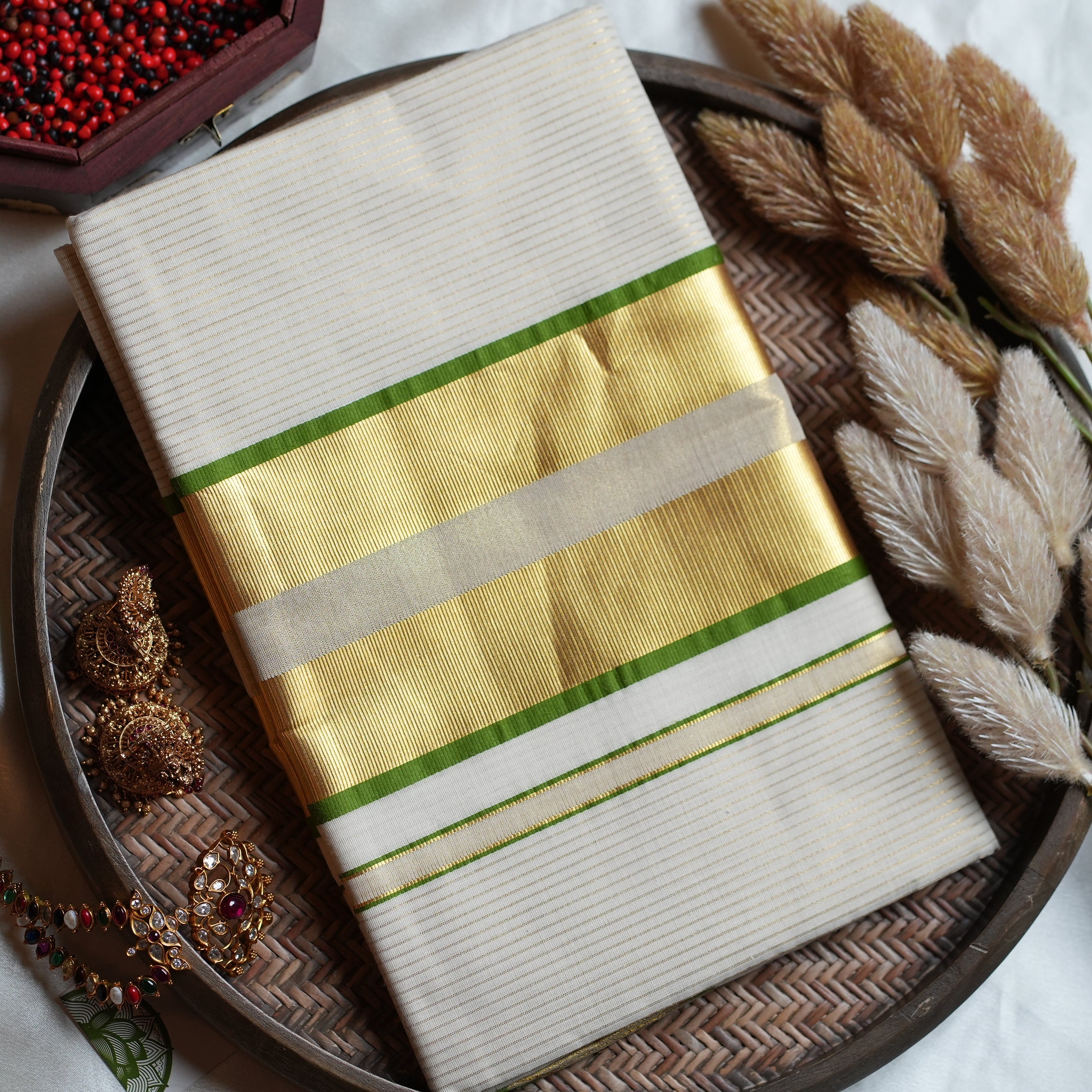 🌿 Premium Cotton Stripe Kerala Saree with Olive Green & Gold Kasavu Border ✨ - SAROYA
