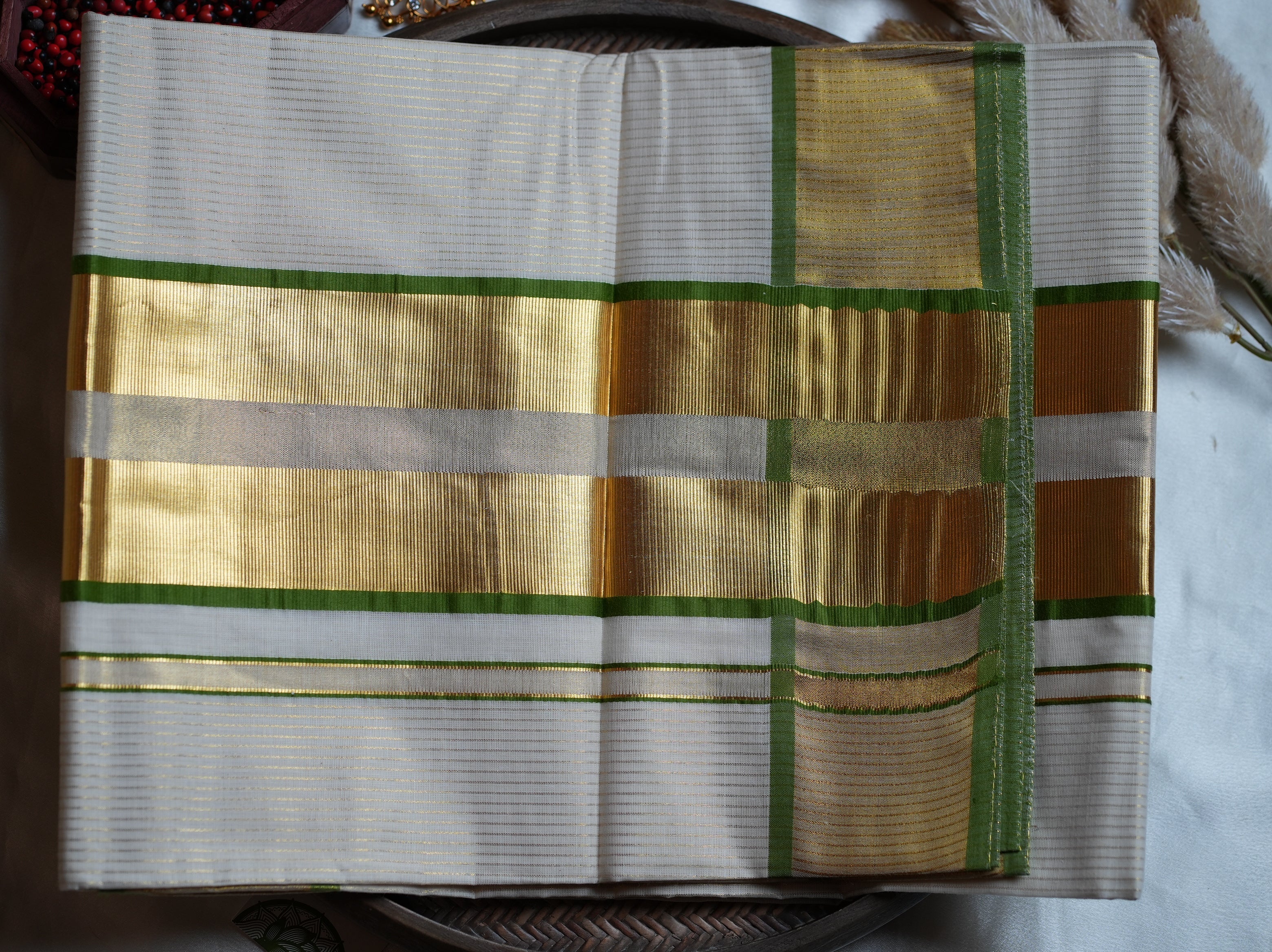 🌿 Premium Cotton Stripe Kerala Saree with Olive Green & Gold Kasavu Border ✨ - SAROYA