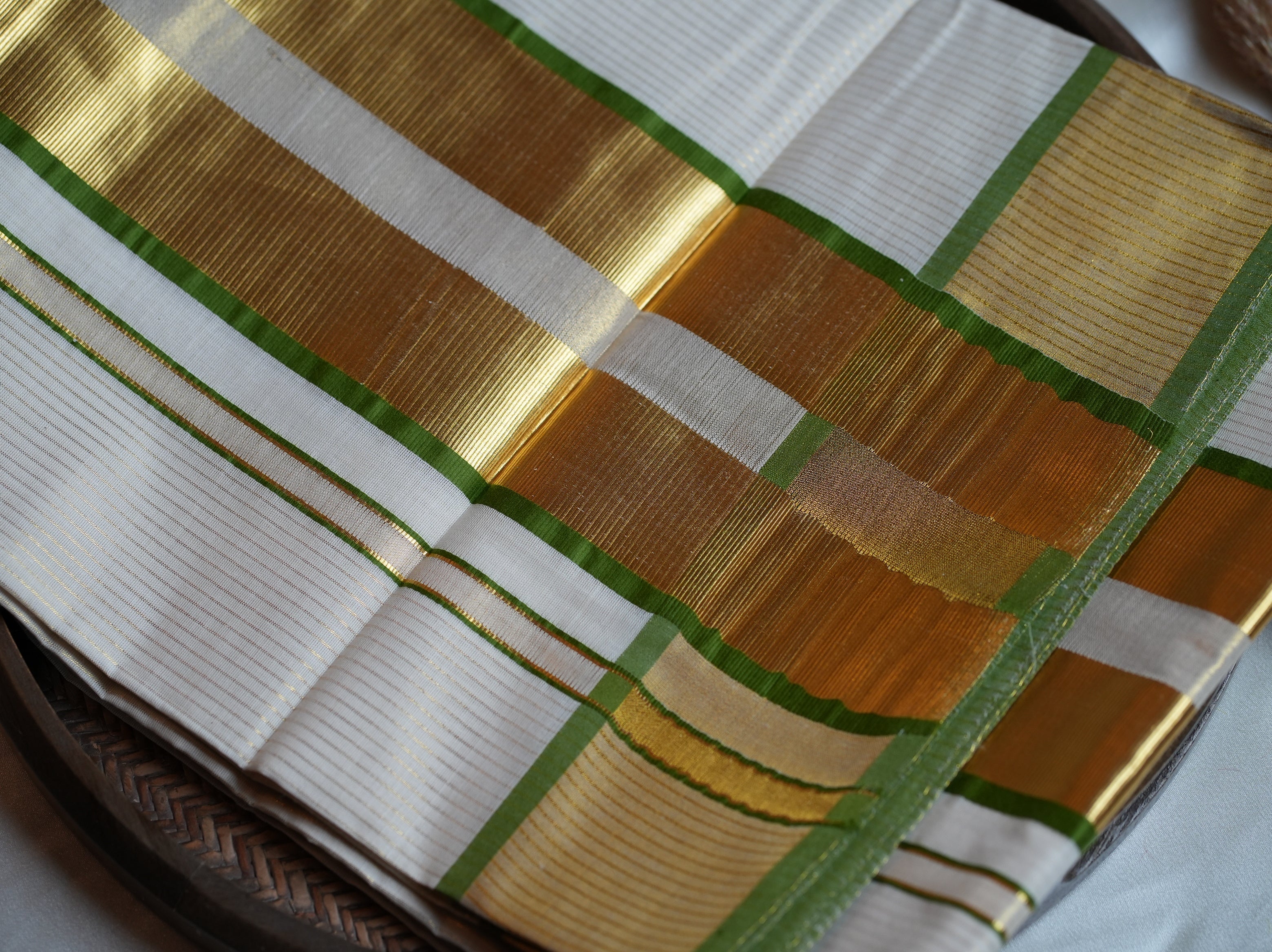 🌿 Premium Cotton Stripe Kerala Saree with Olive Green & Gold Kasavu Border ✨ - SAROYA
