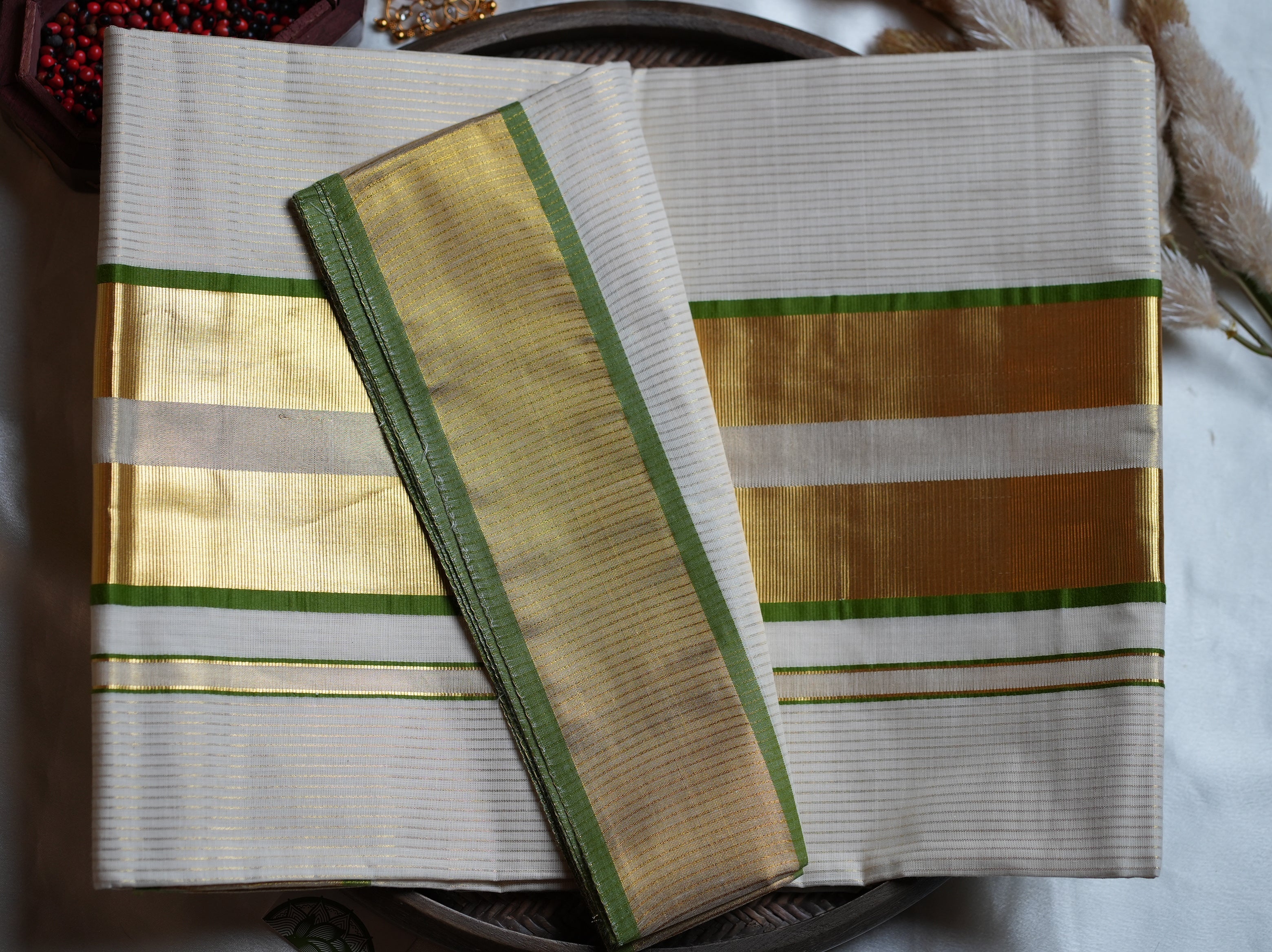 🌿 Premium Cotton Stripe Kerala Saree with Olive Green & Gold Kasavu Border ✨ - SAROYA