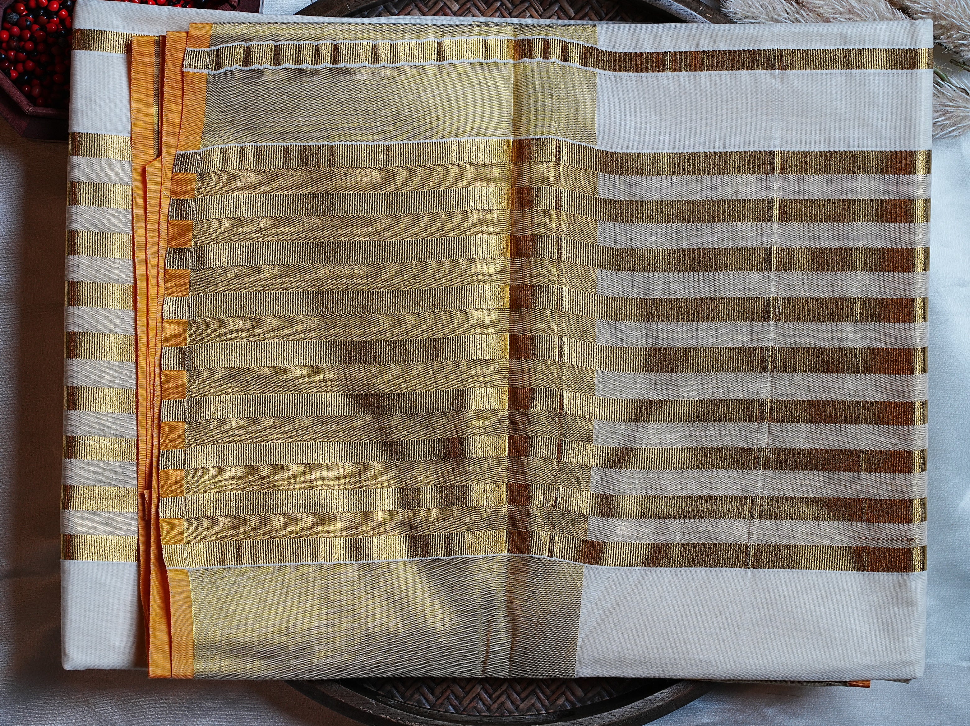 🪷 Premium Cotton Striped & Lotus Motif Kerala Saree with Golden Kasavu ✨ - SAROYA