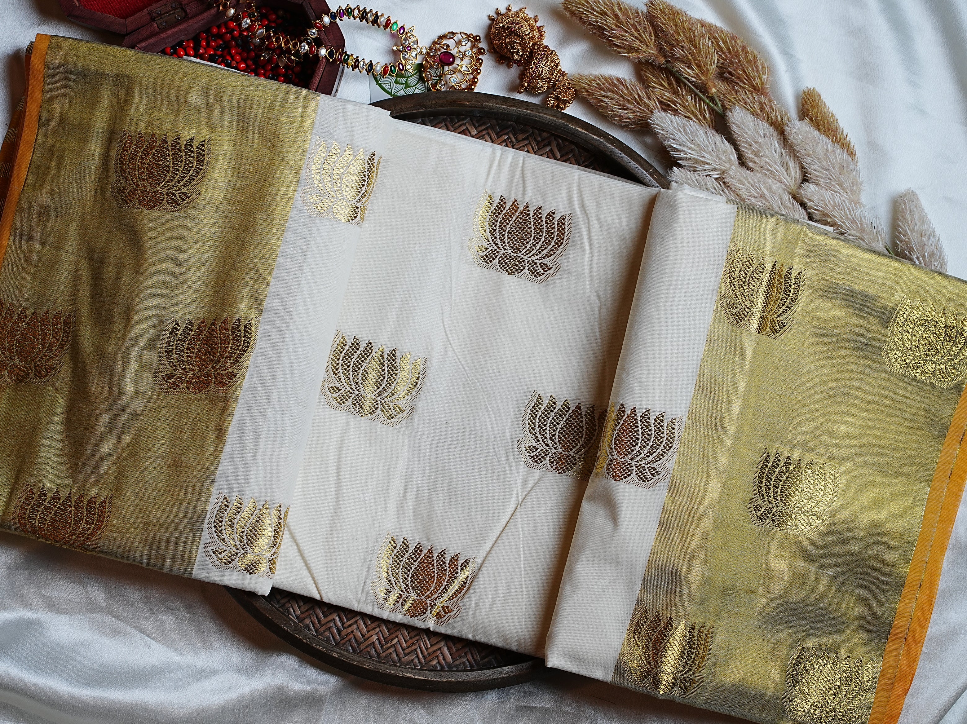 🪷 Premium Cotton Striped & Lotus Motif Kerala Saree with Golden Kasavu ✨ - SAROYA