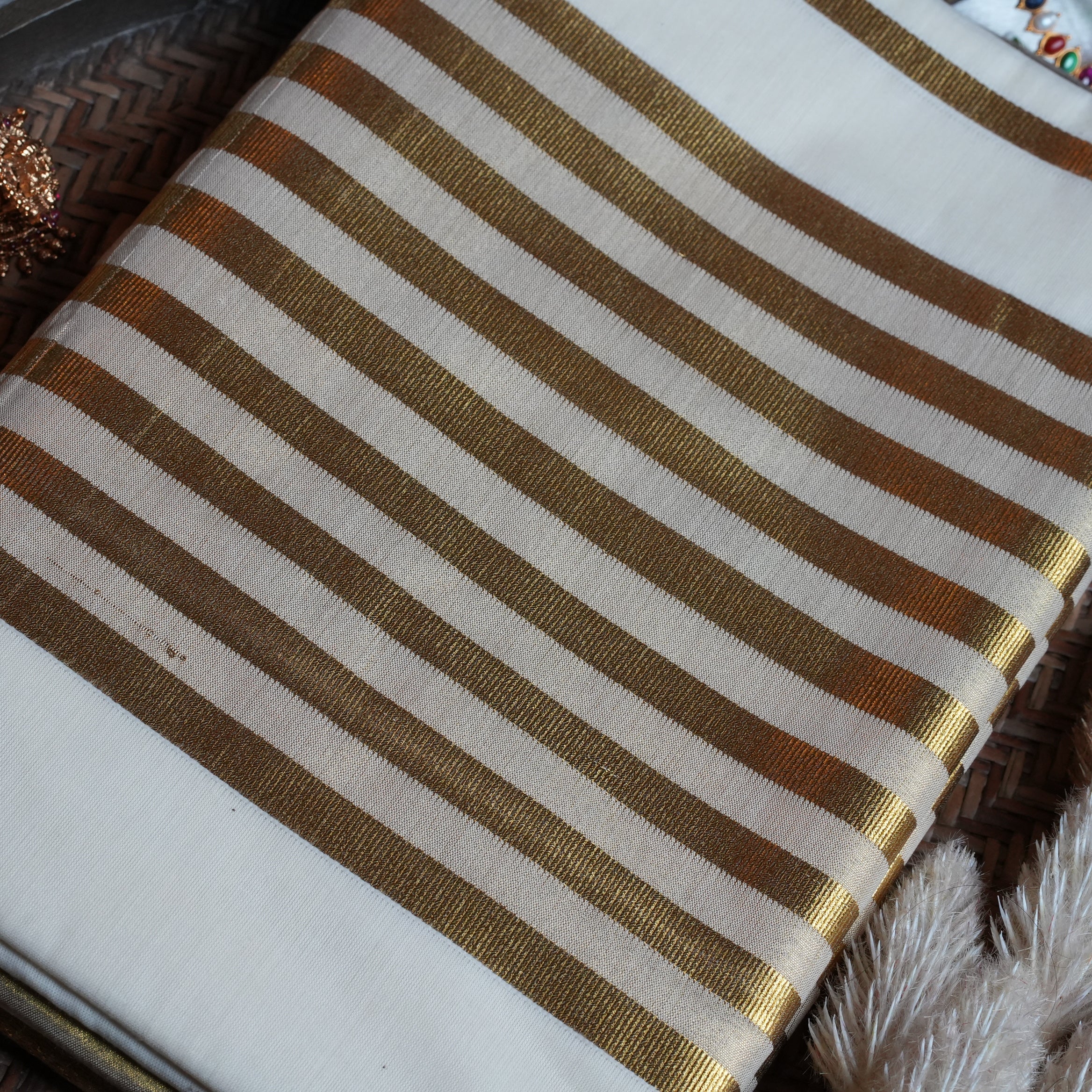 🪷 Premium Cotton Striped & Lotus Motif Kerala Saree with Golden Kasavu ✨ - SAROYA